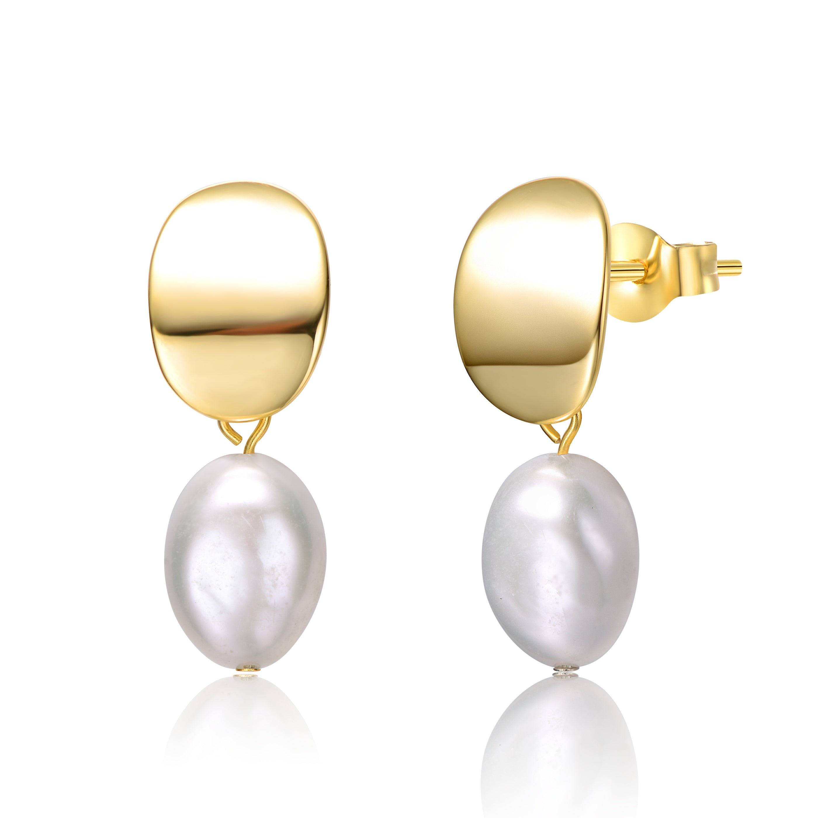 Women’s Gold / White Sterling Silver Yellow Gold Plated Oval White Pearl Drop Medallion Dangle Earrings Genevive Jewelry