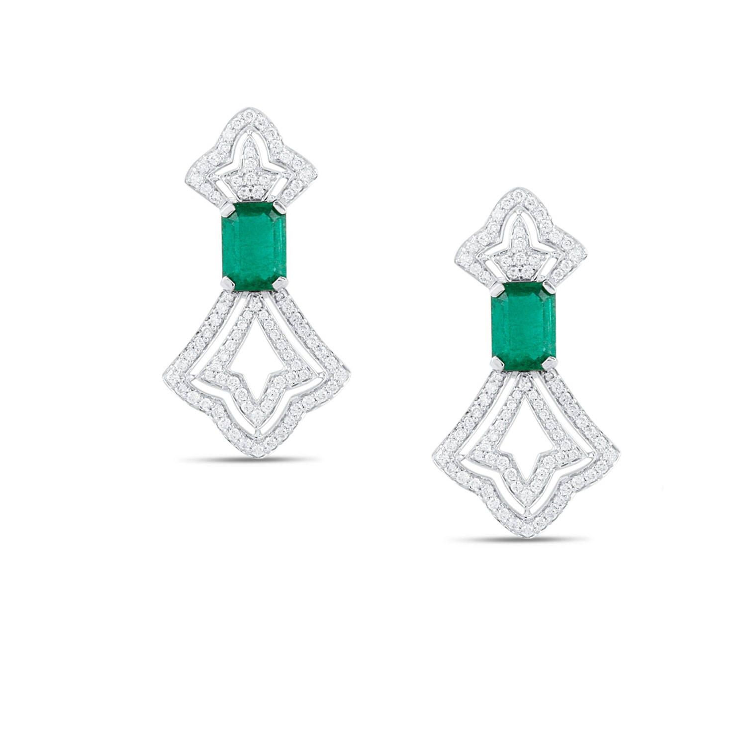 Women’s Emerald Rectangle And Diamond Earring In 18K White Gold Tresor Collection