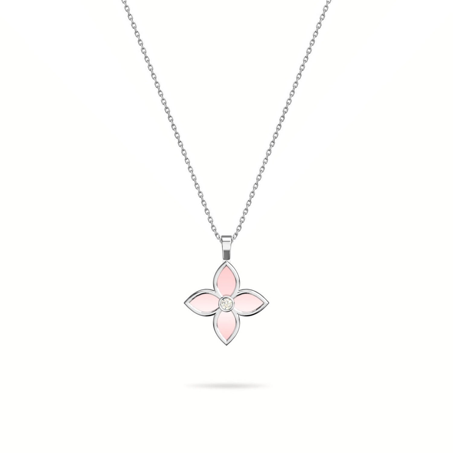 Women’s Necklace Ava Tall On Precious Stone,18K White Gold And Diamonds Pink Mother Of Pearl Aquae Jewels