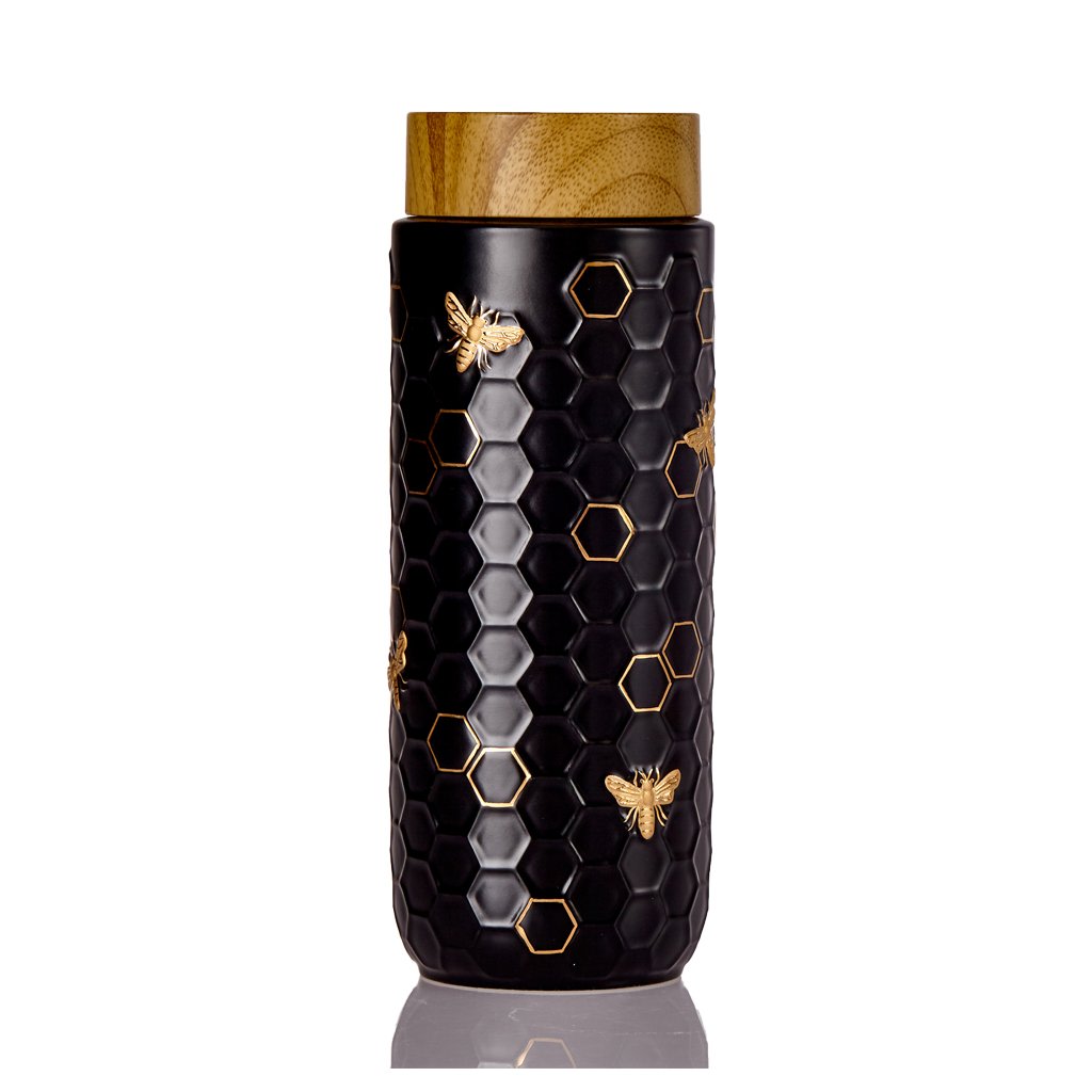 Black / Gold Honey Bee Travel Mug 16 Oz - Black And Hand- Black, Gold Acera