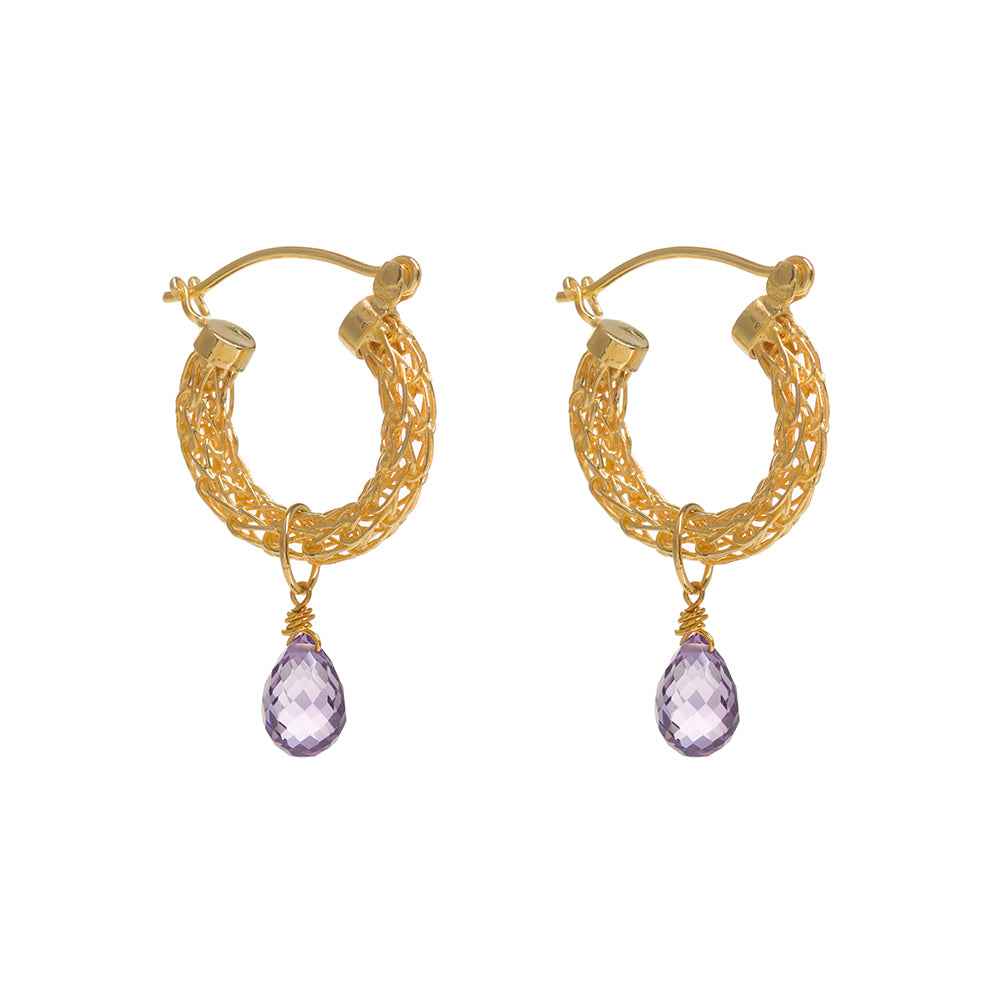 Women’s Gold / Pink / Purple Gold Weave Mini Hoops With Amethyst Charm Freya Rose