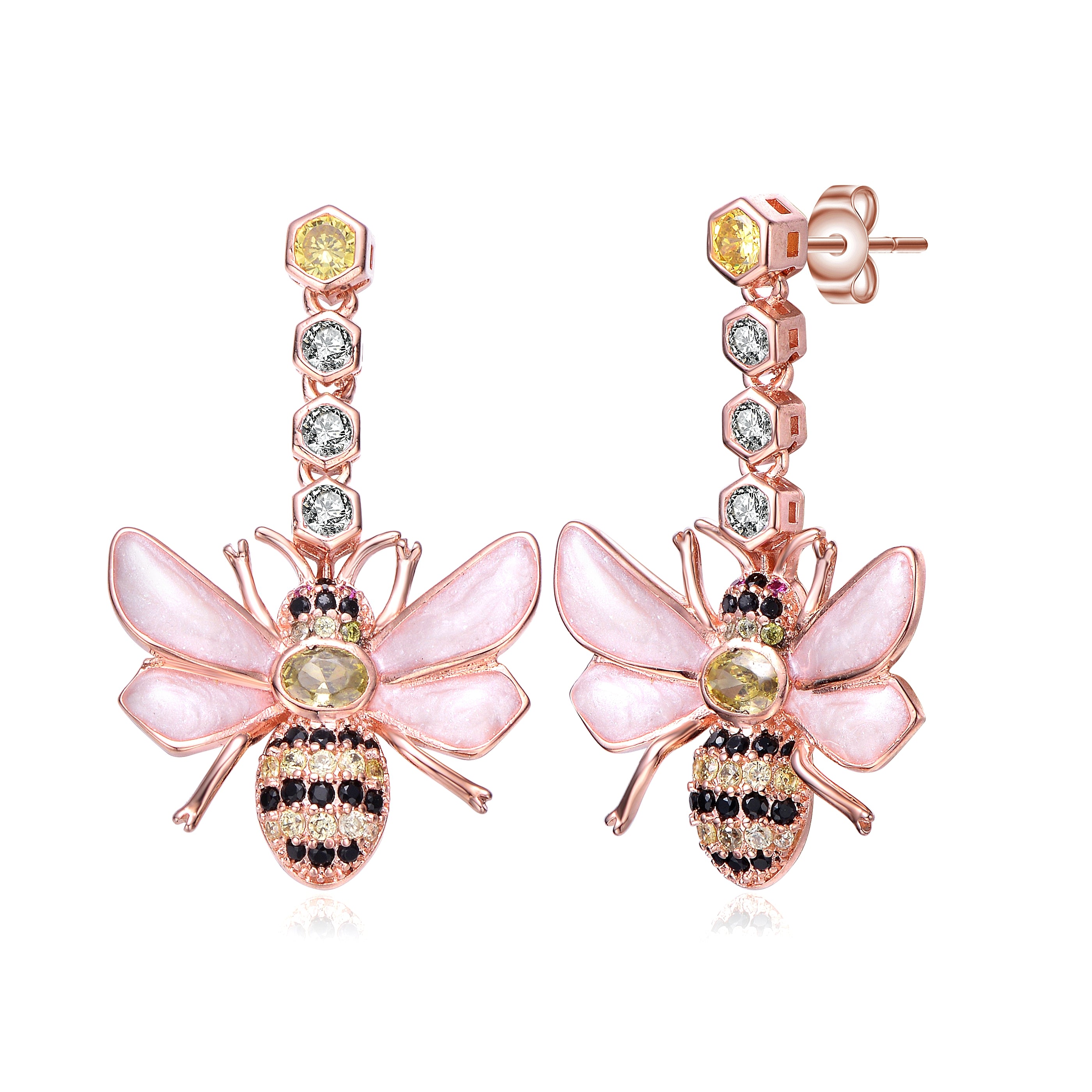 Women’s Rose Gold / Black Sterling Silver Rose Plated Clear Cubic Zirconia Floral Drop Butterfly Earrings Genevive Jewelry