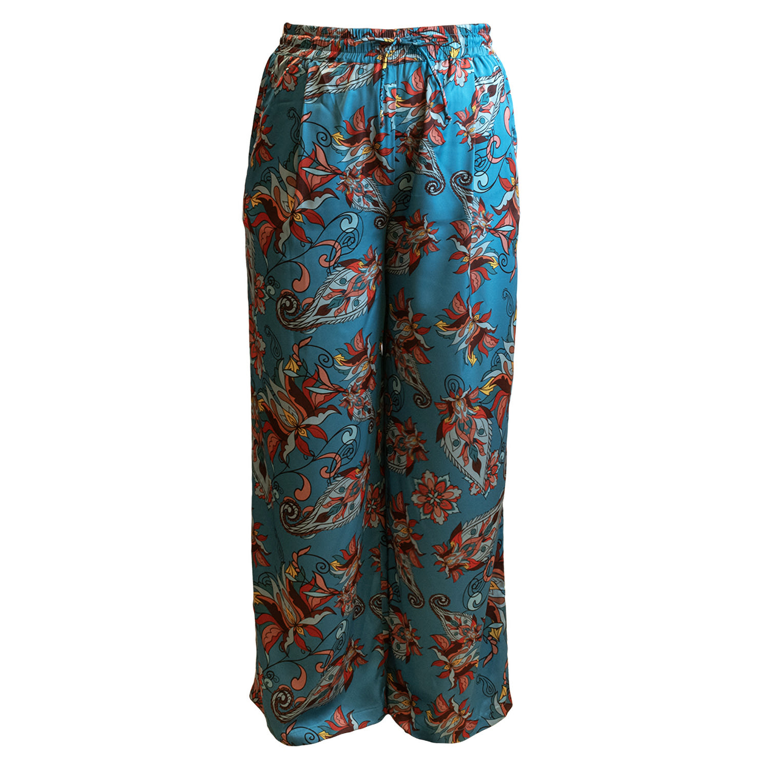 Women’s Blue Floral Paisley Print Satin Wide Legged Oversized Trousers One Size Janara Jones