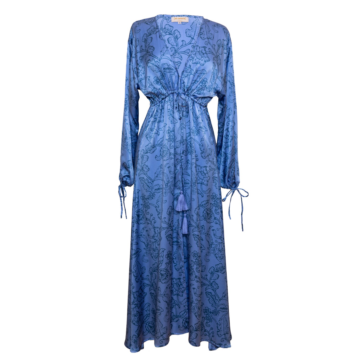 Women’s Enchanted Deep V Long Sleeve Midi Dress - Silk - Batik Blue One Size [Et Cetera] Woman