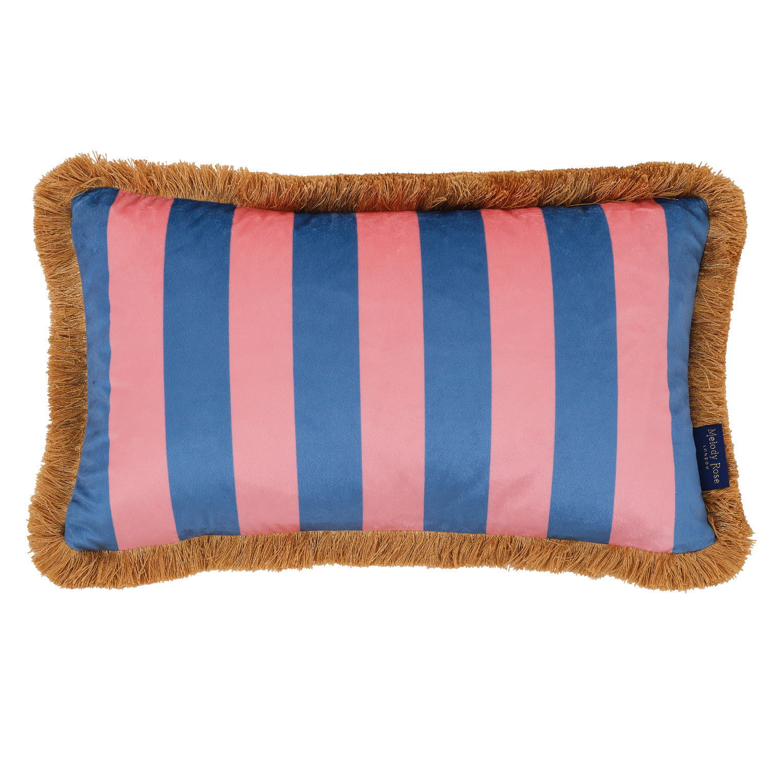 Blue / Pink / Purple Blue & Pink Stripes Fringe Velvet Rectangle Cushion Melody Rose London