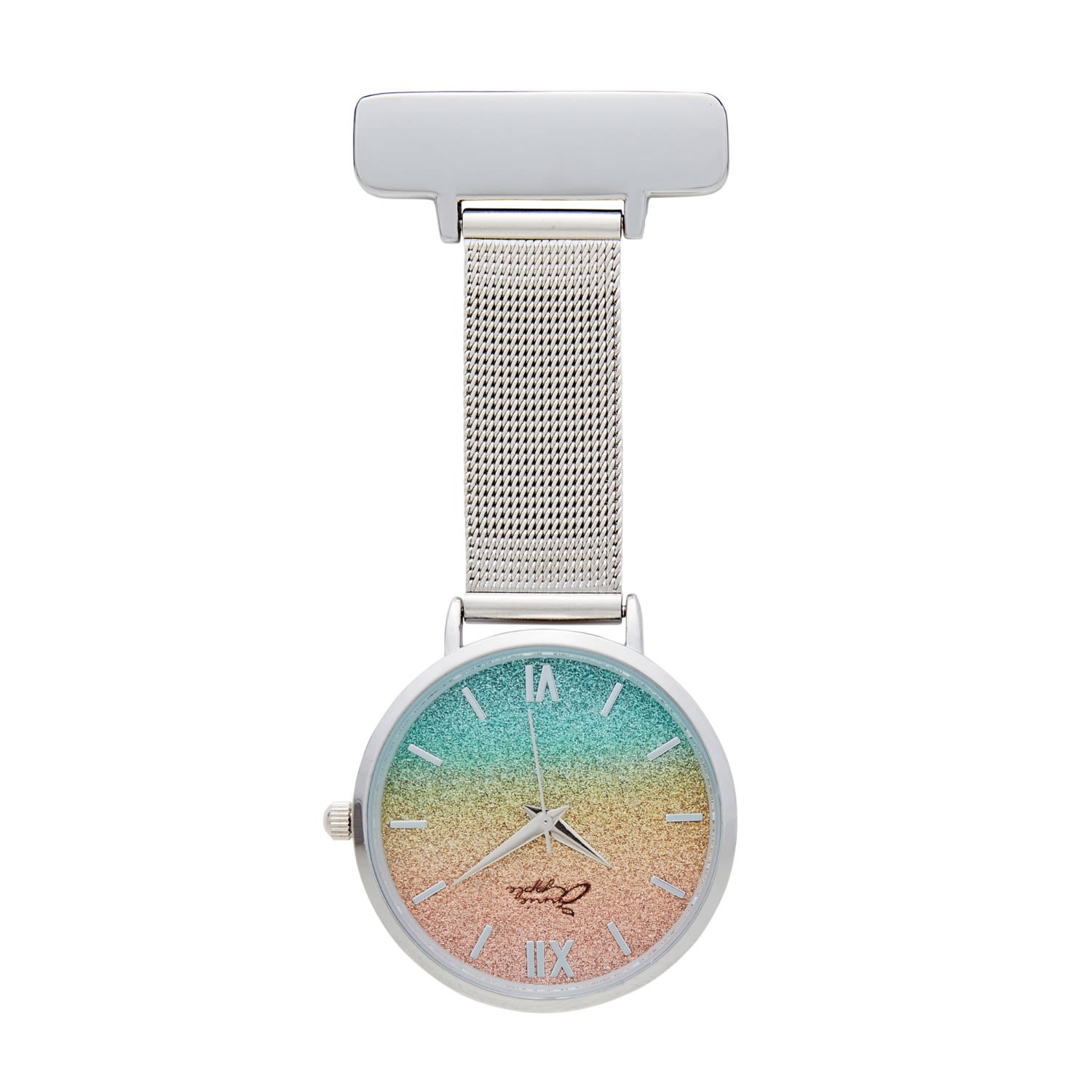 Women’s Annie Apple Aurora Glitter Rainbow Silver Mesh Nurse Fob Watch Bermuda Watch Company
