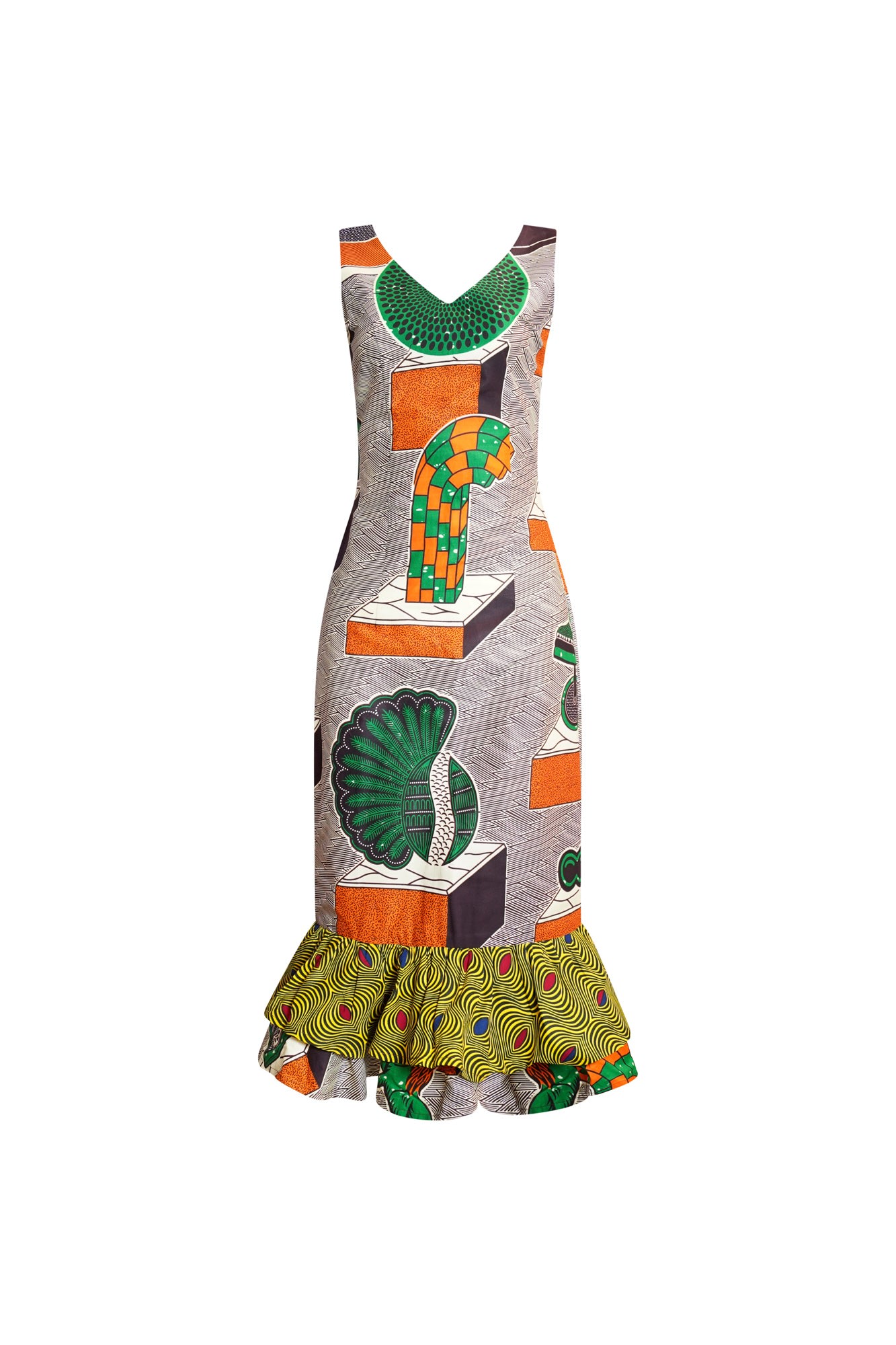 Women’s Green / Yellow / Orange Thema Ruffle-Hem Sleeveless Bodycon Dress - Orange & Green African Ankara Wax Cotton Print Large Oliveankara