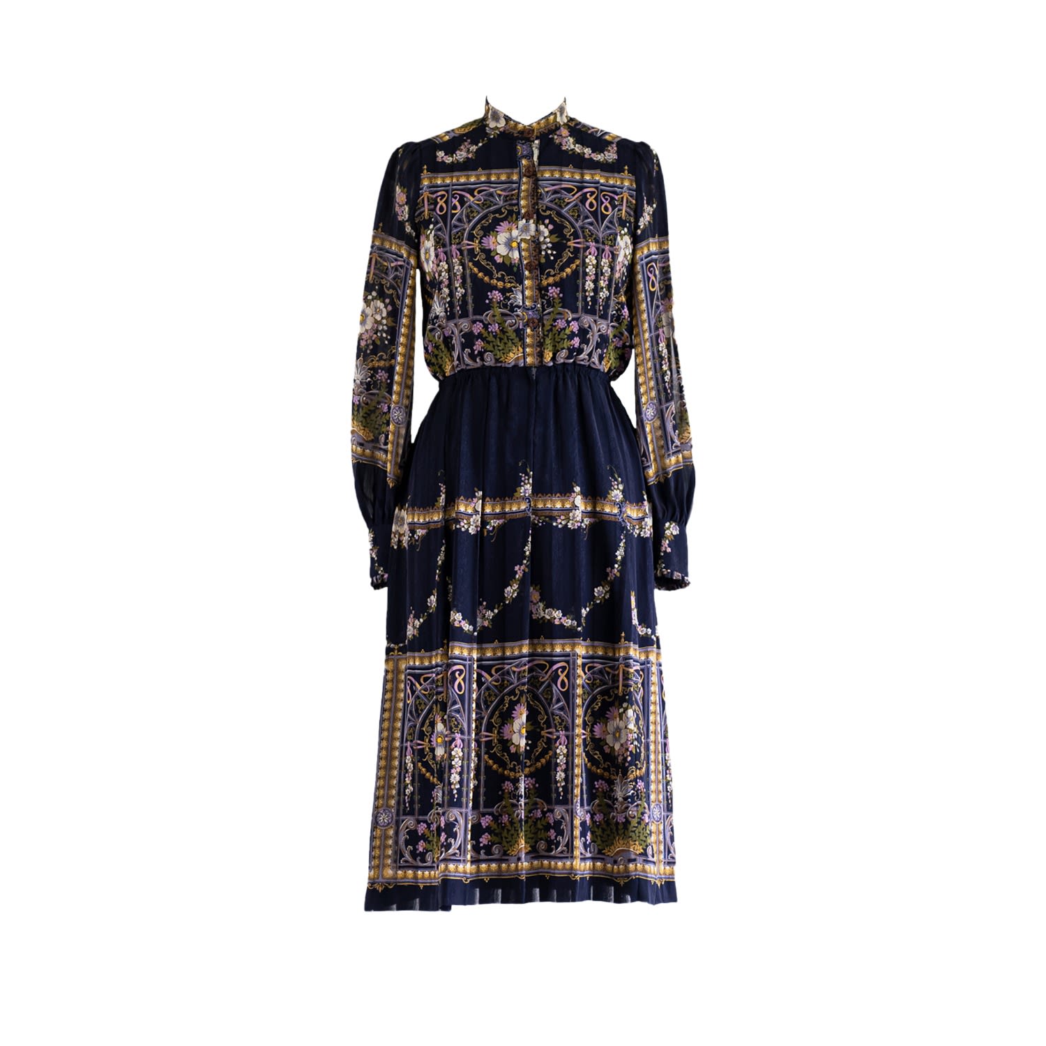 Women’s Vintage Chiffon Navy Blue Floral Victorian Print Midi Dress Extra Small Sugar Cream Vintage