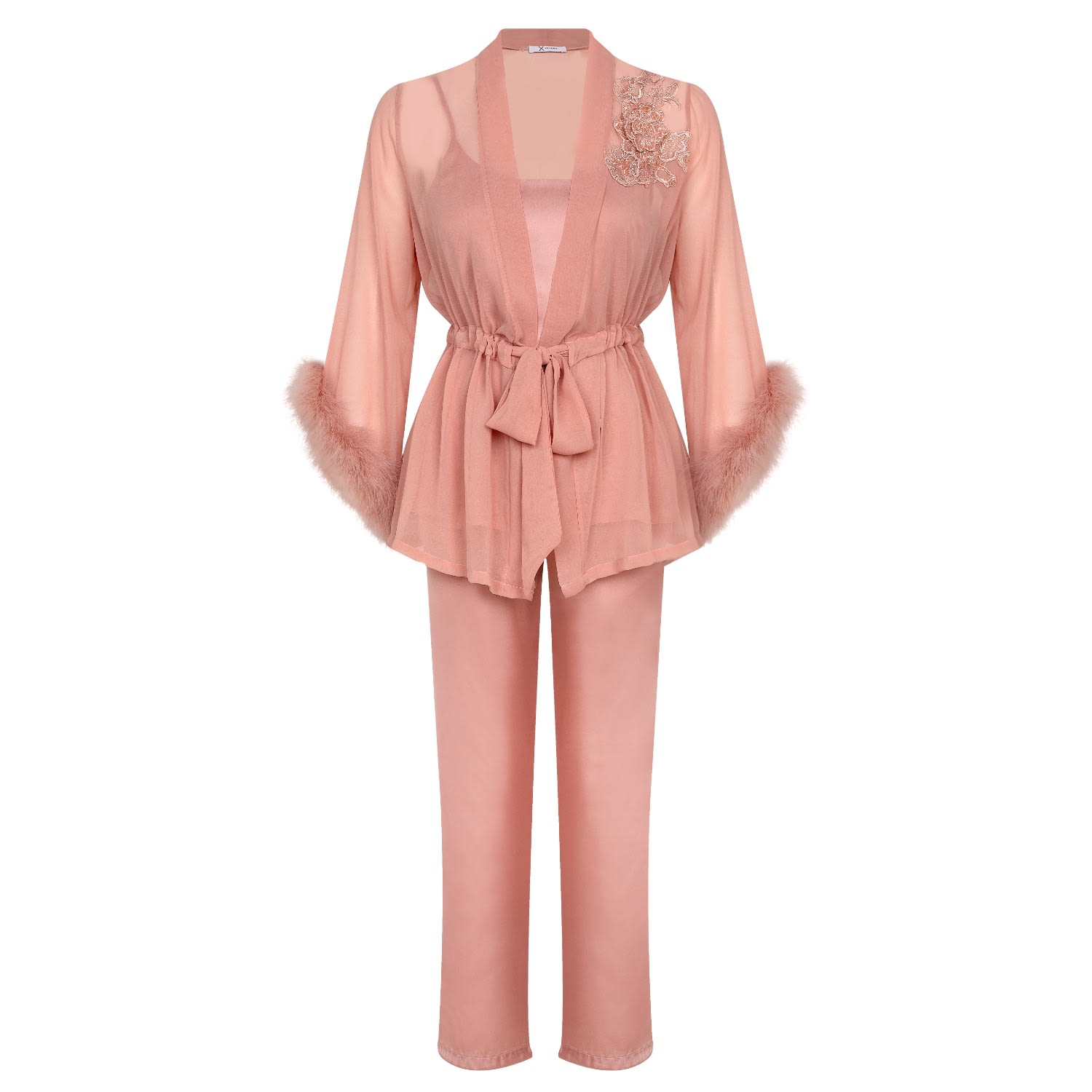 Women’s Rose Gold Feather -Trimmed Three Pieces Satin Pyjama Set Small X Intima