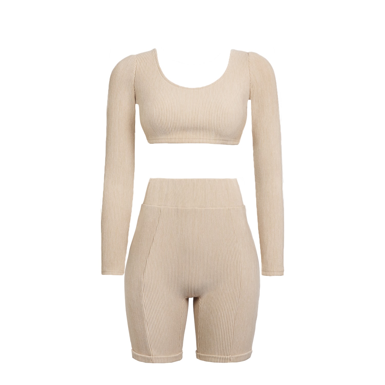 Neutrals Beige Ribbed Long Sleeve Crop Top & Cycling Shorts Co Ord Set Small Ecru Label