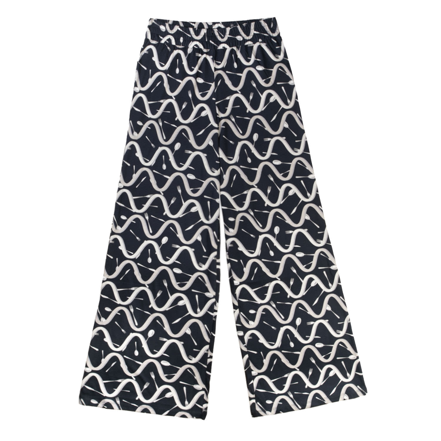 Women’s Unisex Wide-Leg Printed Navy Blue Cotton Trousers Large Iniqual