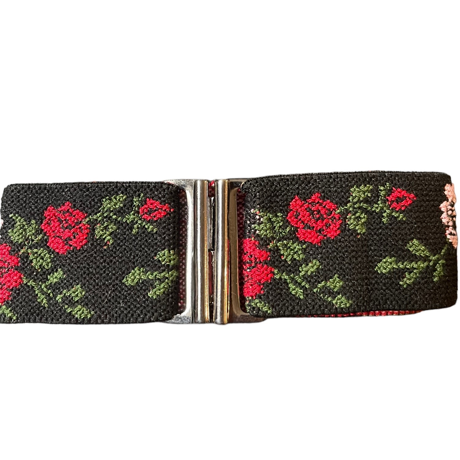 Women’s Black Red And Green Flowers Elastic Belt Large Lara Moti