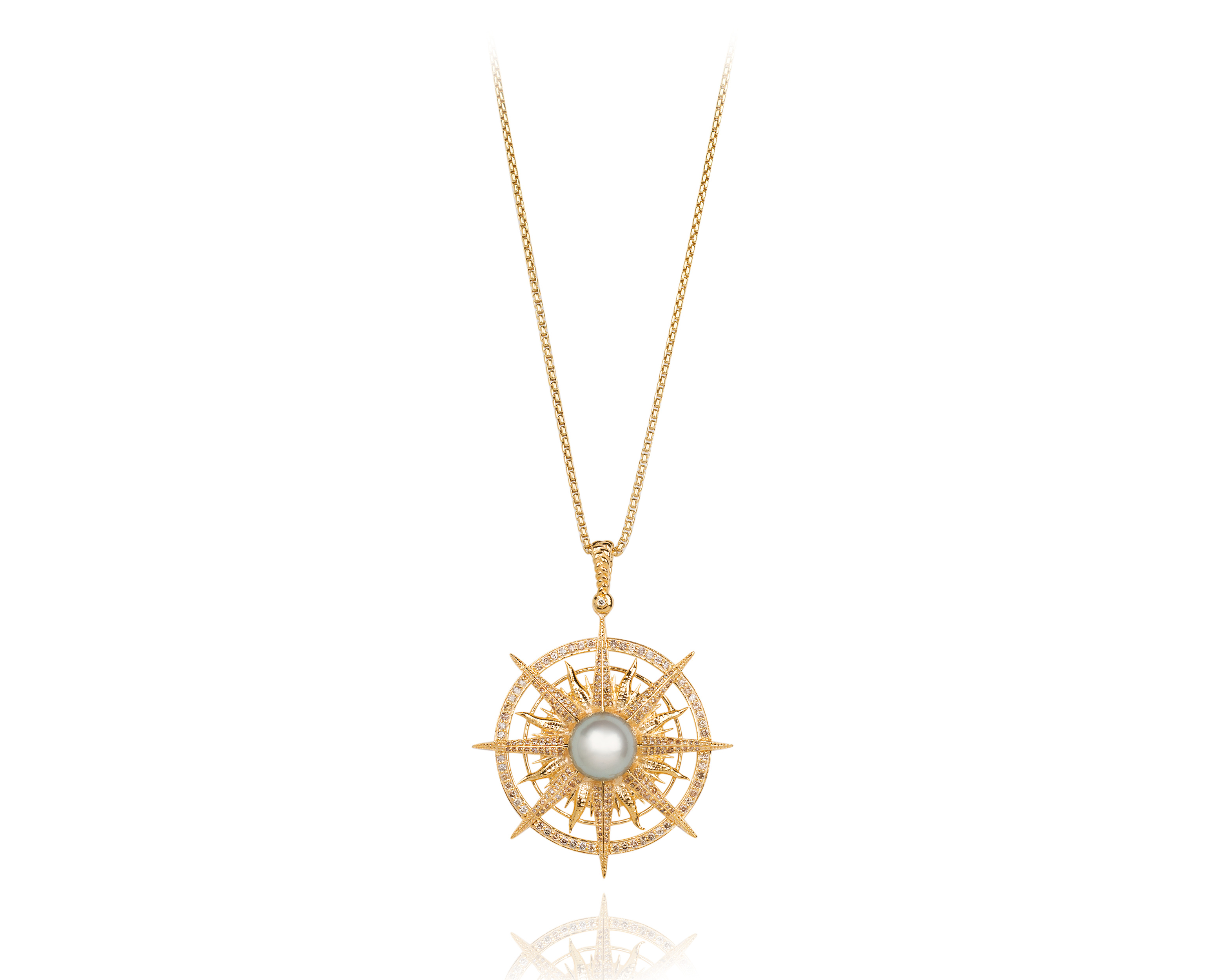 Women’s Solid Gold Compass Necklace In Natural Diamonds And Pearl By Vincent Peach Vincent Peach Fine Jewelry