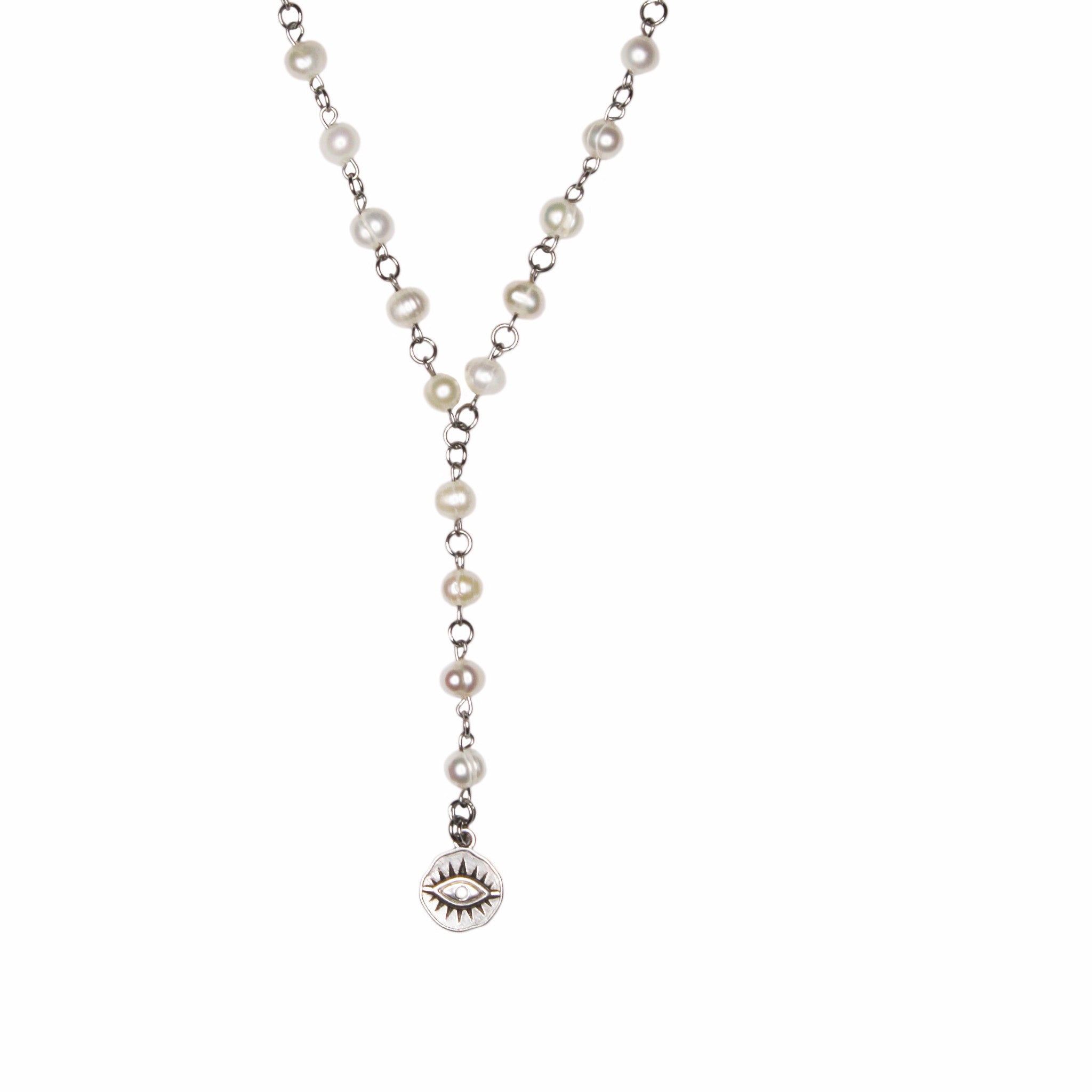 Women’s Silver Pearl Evil Eye Coin Lariat Mhart