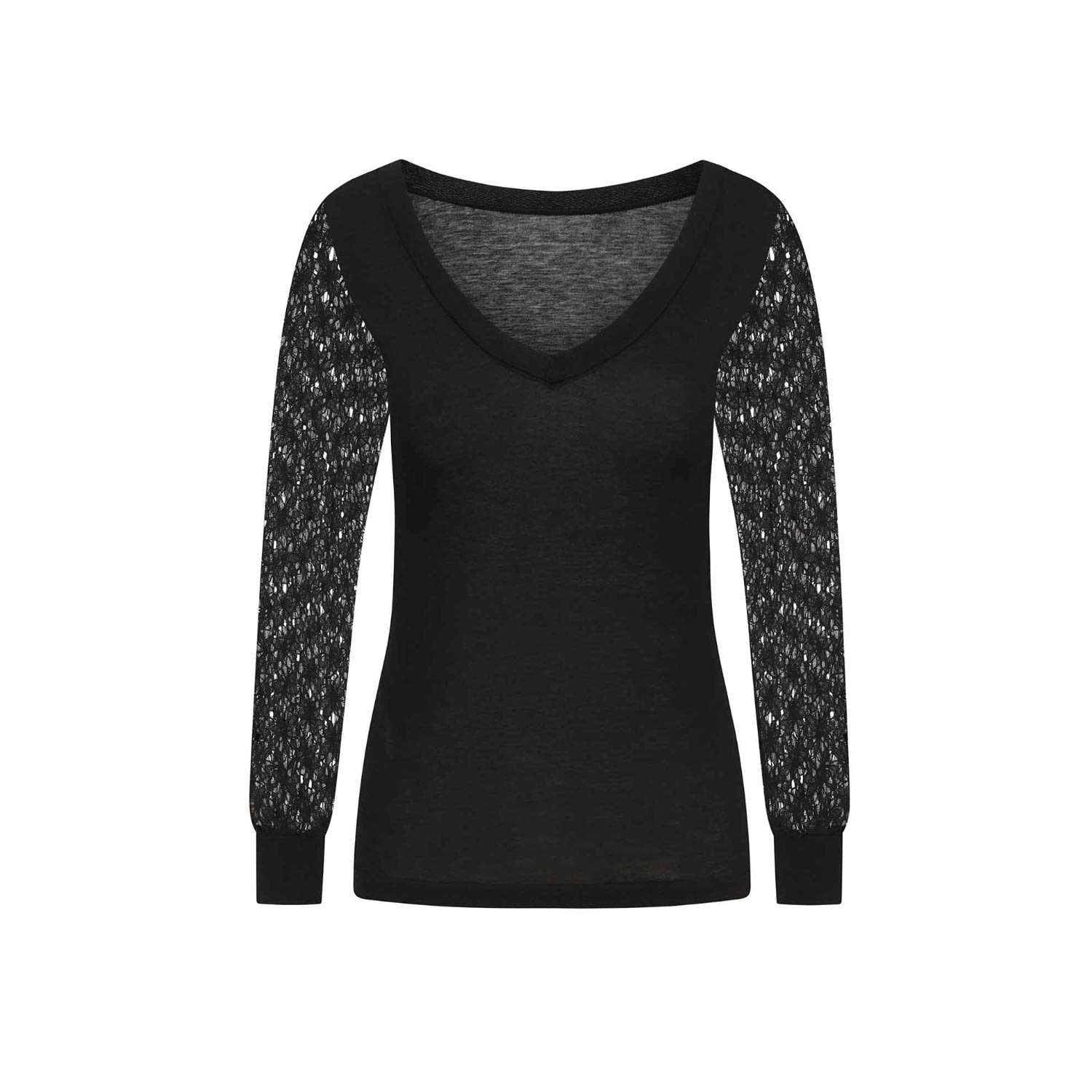 Women’s Black V-Neck Jersey Lace Sleeve Top Extra Small Sophie Cameron Davies