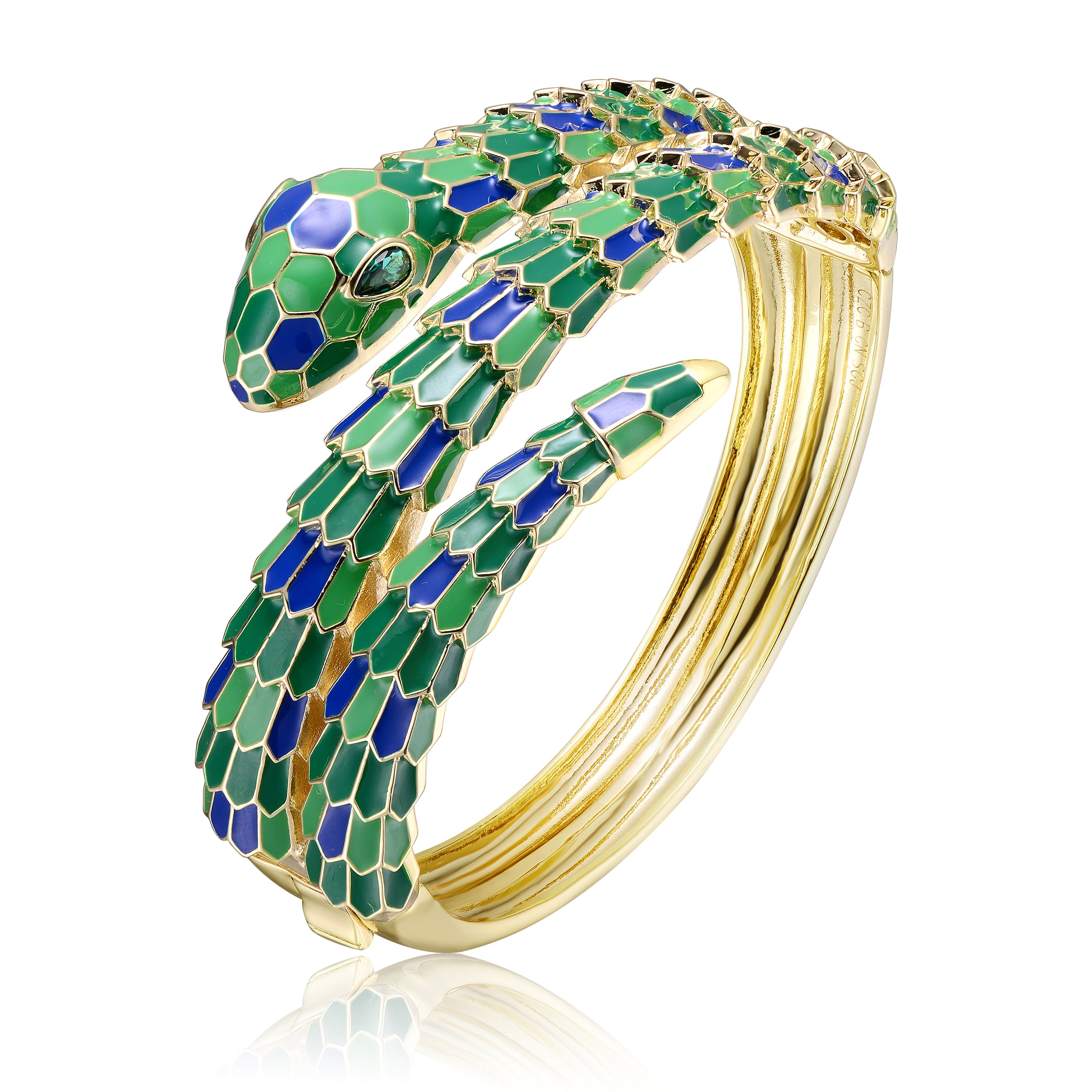 Women’s Gold / Green Rachel Glauber Yellow Gold Plated With Emerald Cubic Zirconia Green & Blue Enamel Serpent Coiled Bypass Wrapped Bangle Bracelet Genevive Jewelry