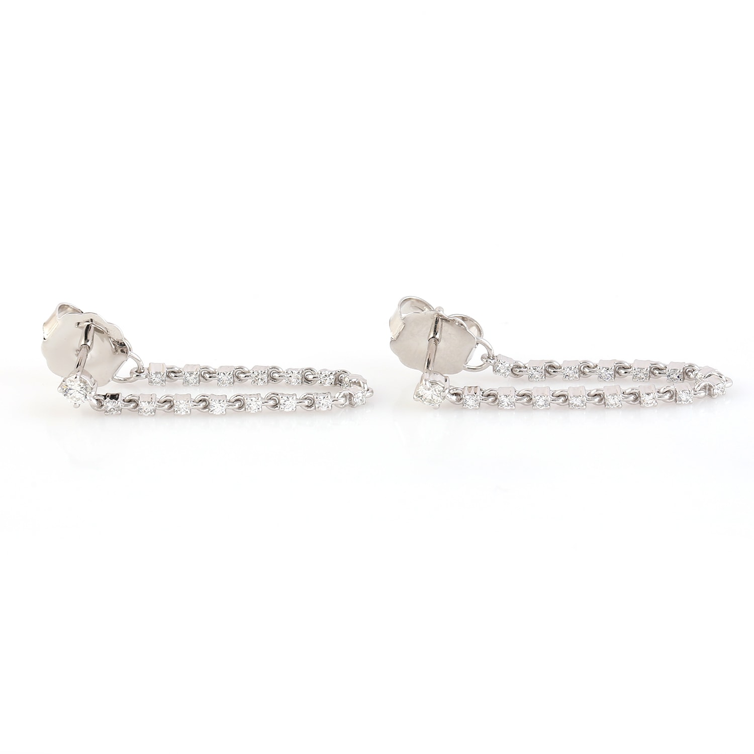 Women’s 14K White Gold In Prong Diamond Chain Ear Thread Earrings Handmade Jewelry Artisan