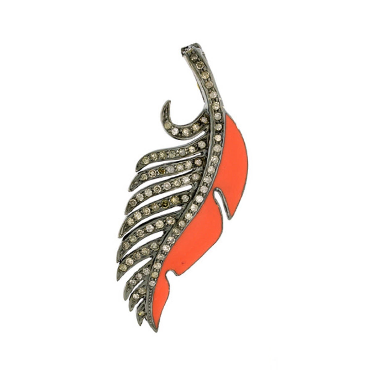 Women’s Yellow / Orange / White Feather Design Pendant Pave Diamond 18K Gold 925 Silver Enamel Jewelry Artisan