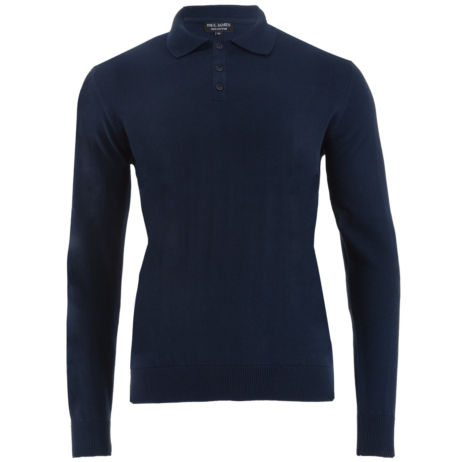 Blue Mens Cotton Hall Long Sleeve Knitted Polo Shirt - Navy Extra Small Paul James Knitwear