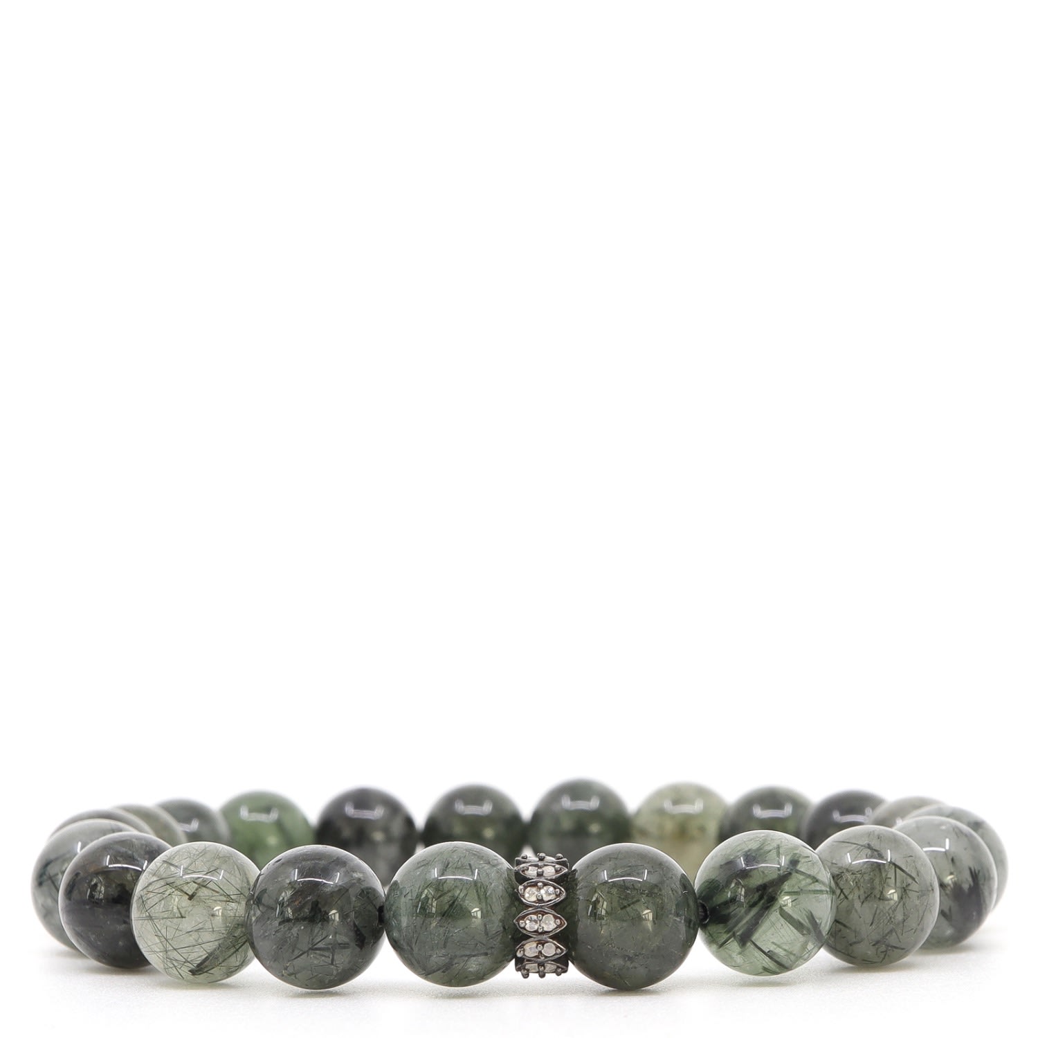 Men’s Green Rutilated Quartz & Sterling Silver Diamonds Beaded Bracelet Shar Oke