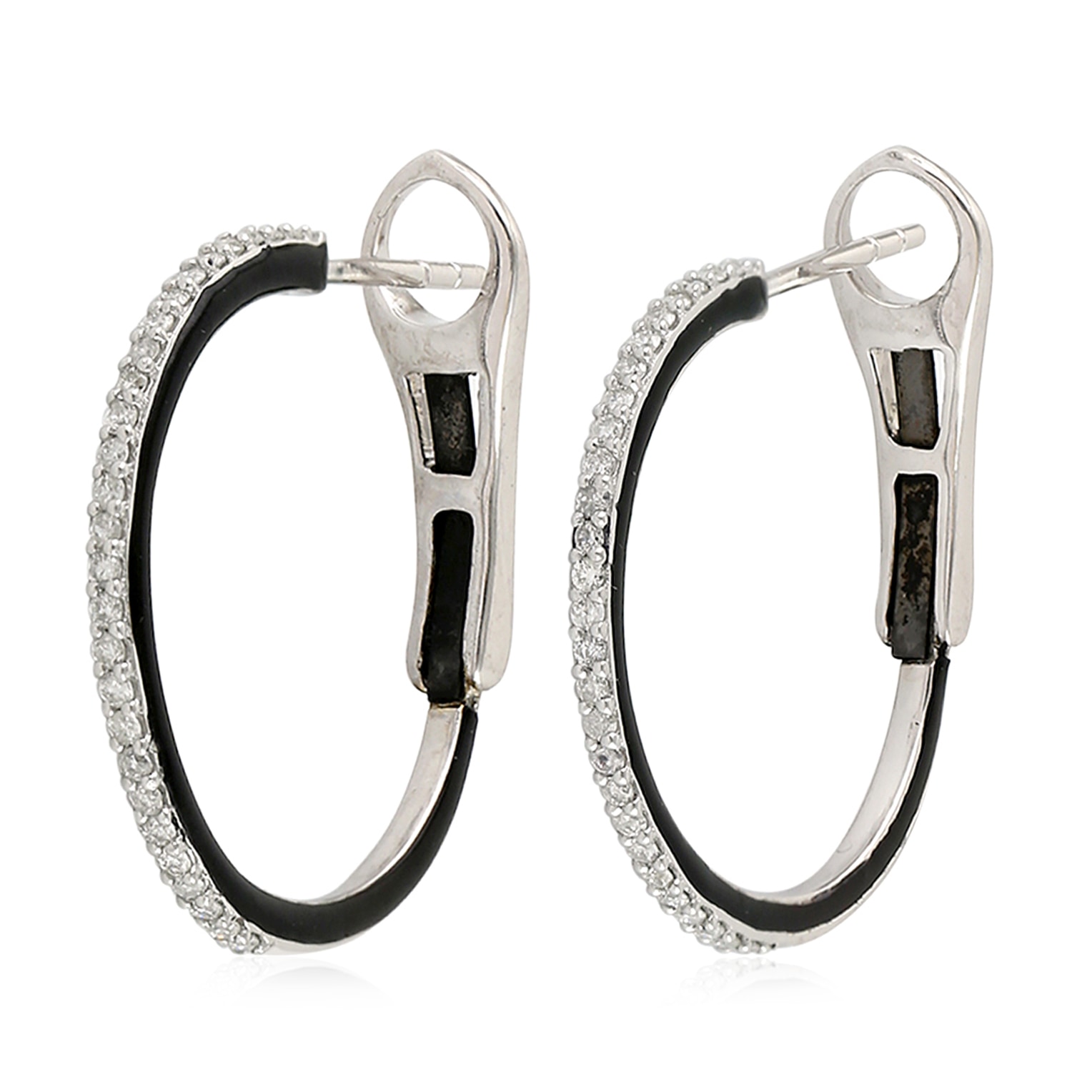 Women’s White / Black 14K White Gold In Prong Studded Diamond With Enamel Hoop Earrings Artisan