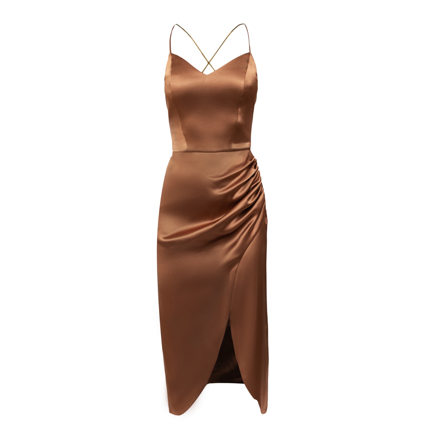 Women’s Selena Brown Satin Midi Dress With Straps And Draped Skirt Large Nomi Fame