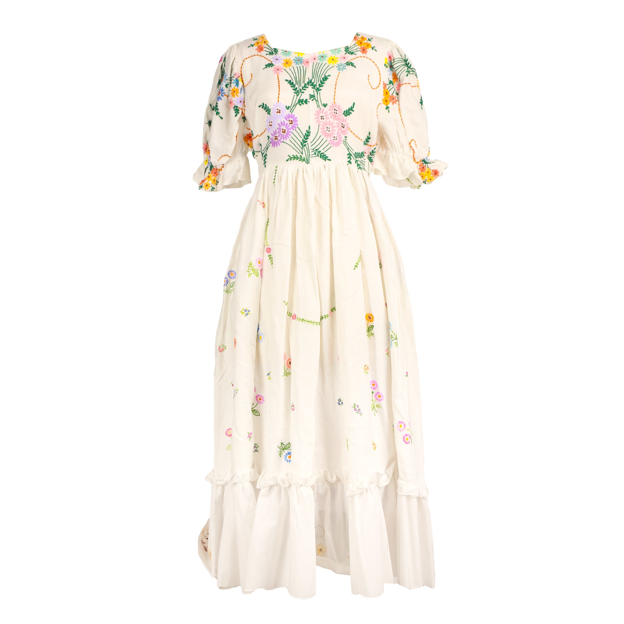 Women’s White Upcycled Floral Embroidered Vintage Linen Dress With Round Neck Small Sugar Cream Vintage