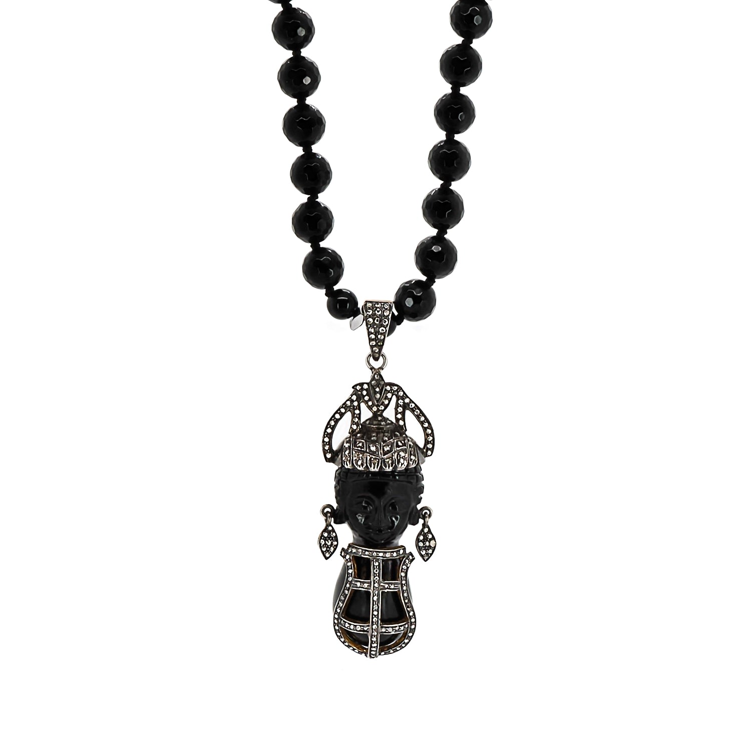 Black / Silver Pave Diamond African Women Handmade Pendant Onyx Stone Beaded Necklace - Black Ebru Jewelry