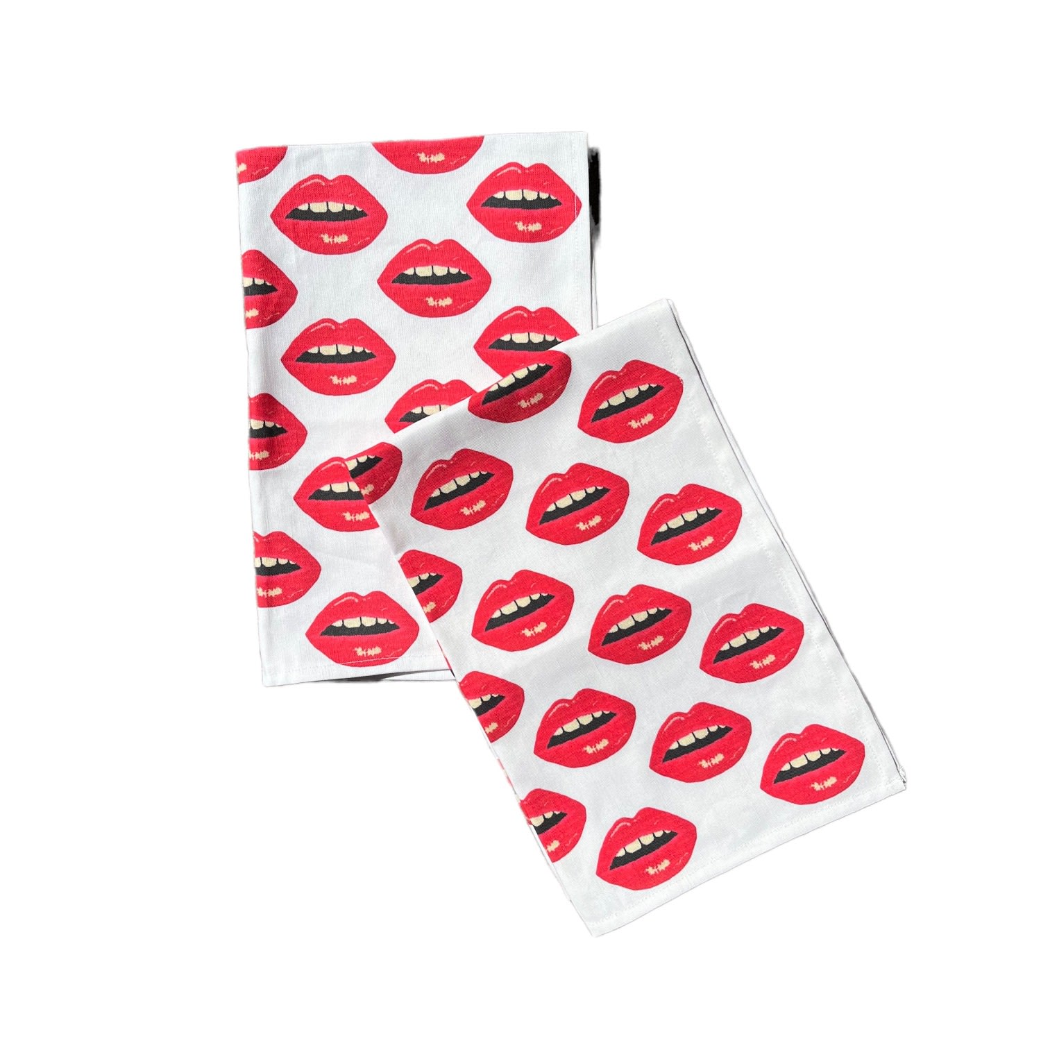 Red "Bisous Bisous!" Kiss Kiss Linen-Cotton Tea Towel / Set Of Two Mommani Threads