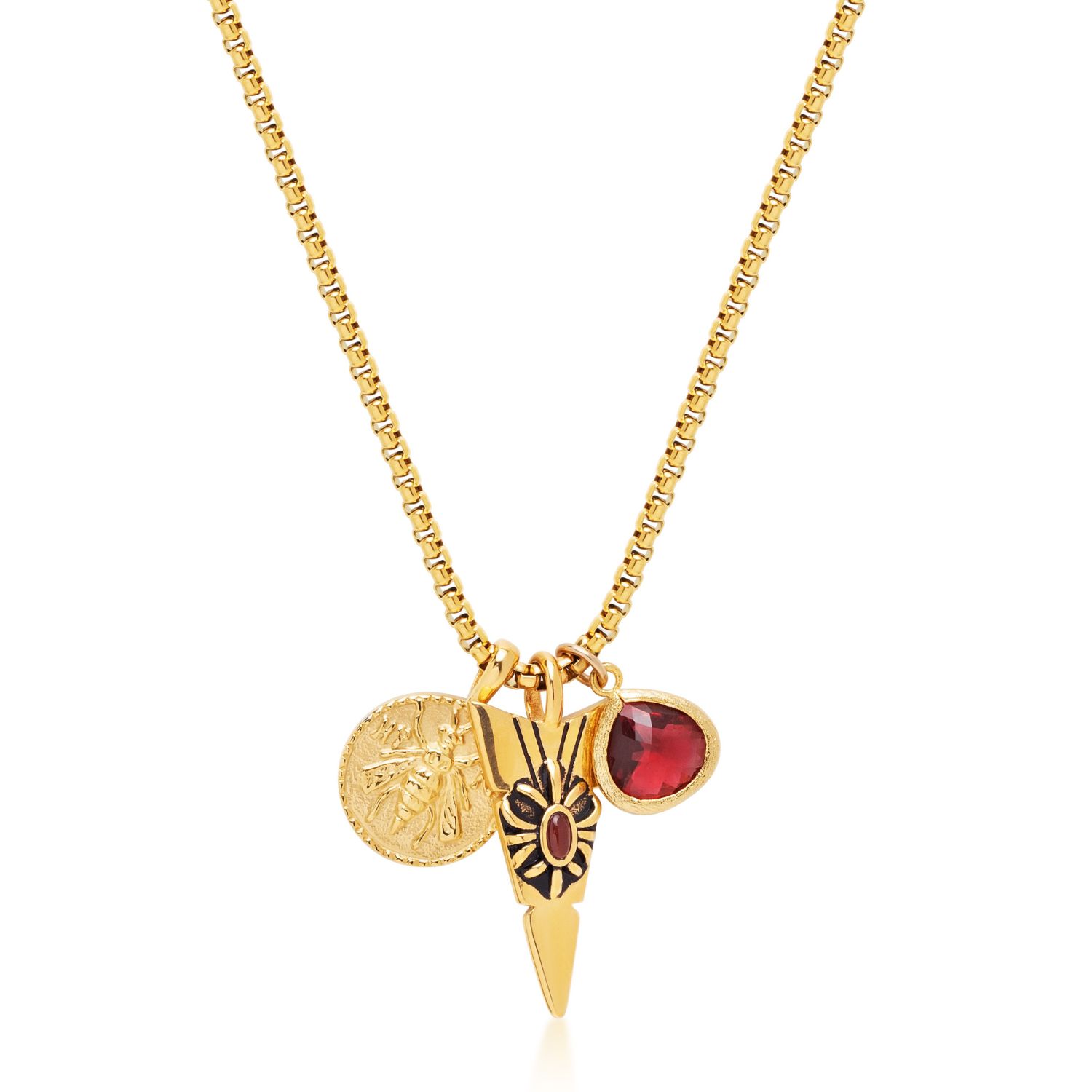 Red / Gold Men’s Golden Talisman Necklace With Arrowhead, Red Ruby Cz Drop And Bee Pendant Nialaya