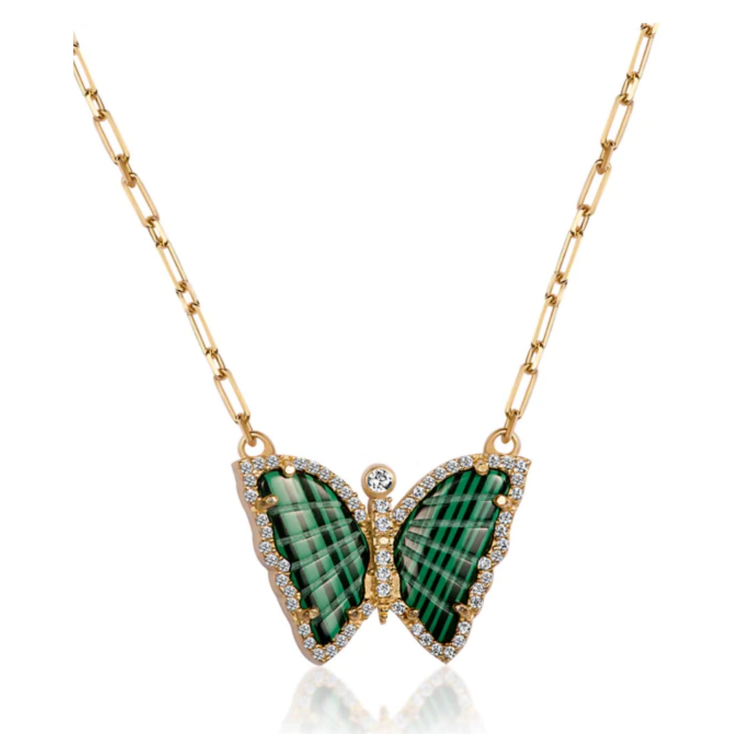 Women’s Gold / Silver Malachite Natural Stone Butterfly Diamond Necklace Selen Jewels