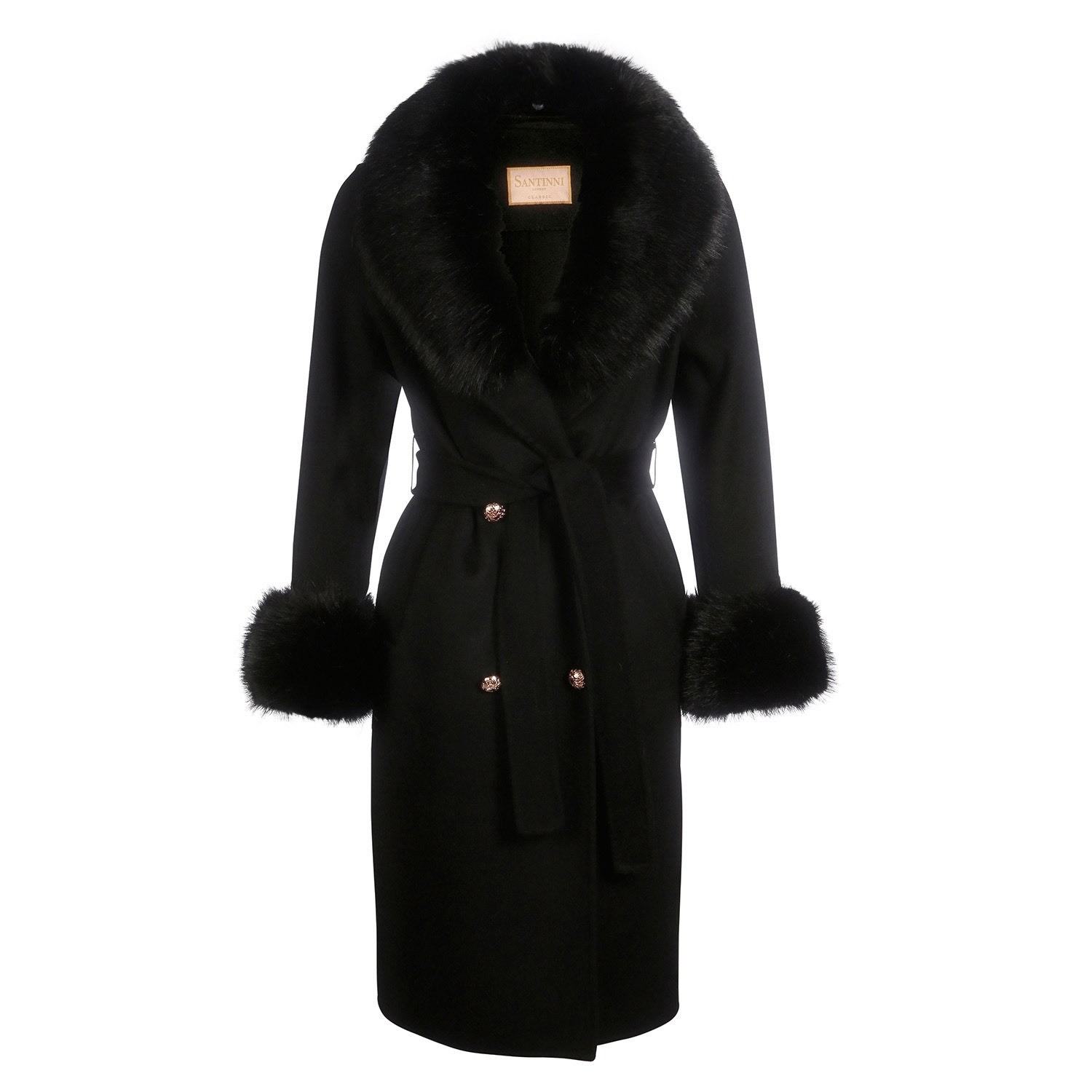 Women’s Black ’Marlene’ 100% Cashmere & Wool Coat With Faux Fur In Nero S/M Santinni