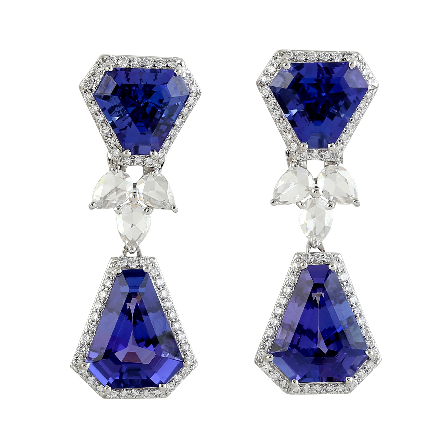 Women’s White / Blue Round Cut & Rose Cut Diamond With Fancy Tanzanite In 18K White Gold Dangle Handmade Earrings Artisan