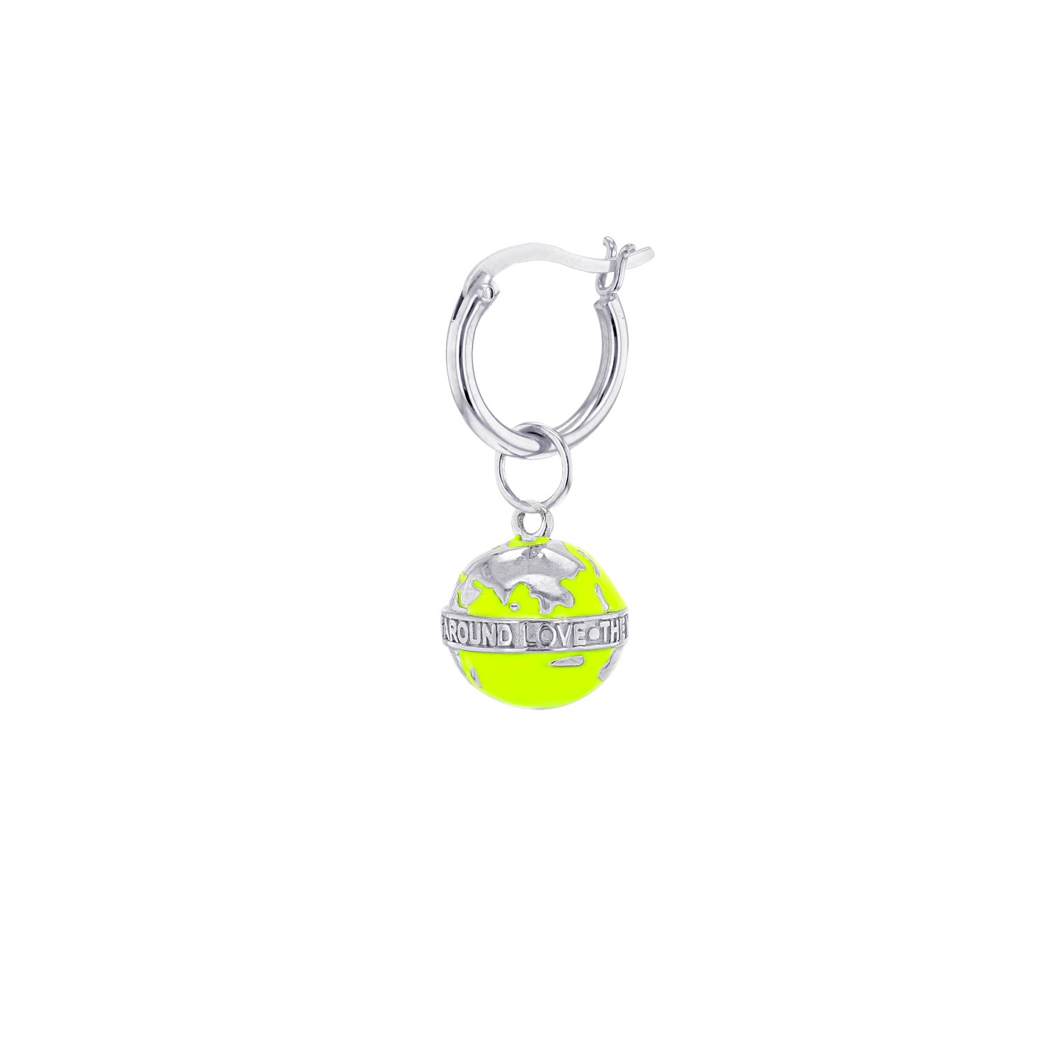 Women’s Silver / Green Mini Globe Charm In Neon Lime Green & Sterling Silver On A Silver Hoop True Rocks