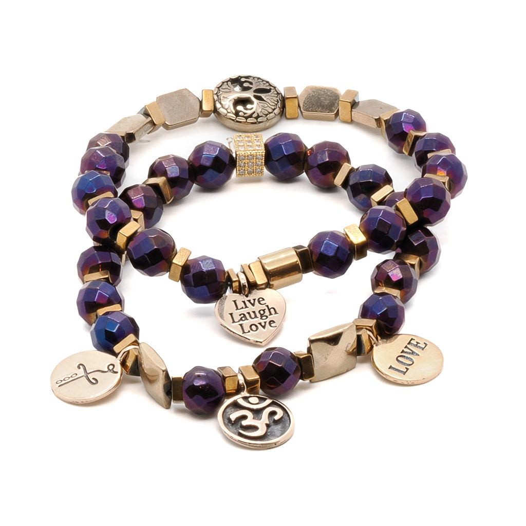Women’s Gold / Pink / Purple Life Journey Purple & Gold Hematite Stone Beaded Bracelet Set - Purple Ebru Jewelry