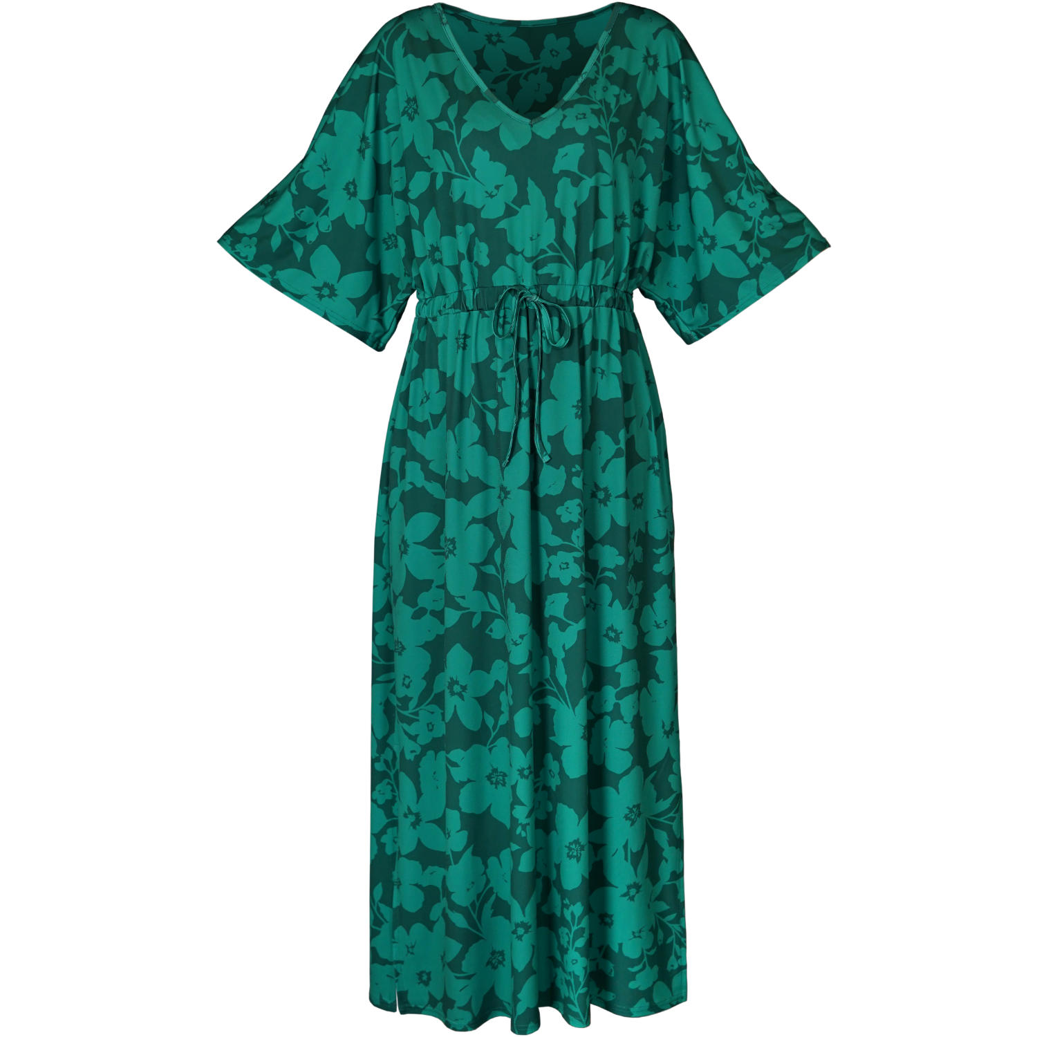 Women’s Green Floral Print Kaftan Luna V Neck Elasticated Waist Soft Jersey Dress Large Antonia York