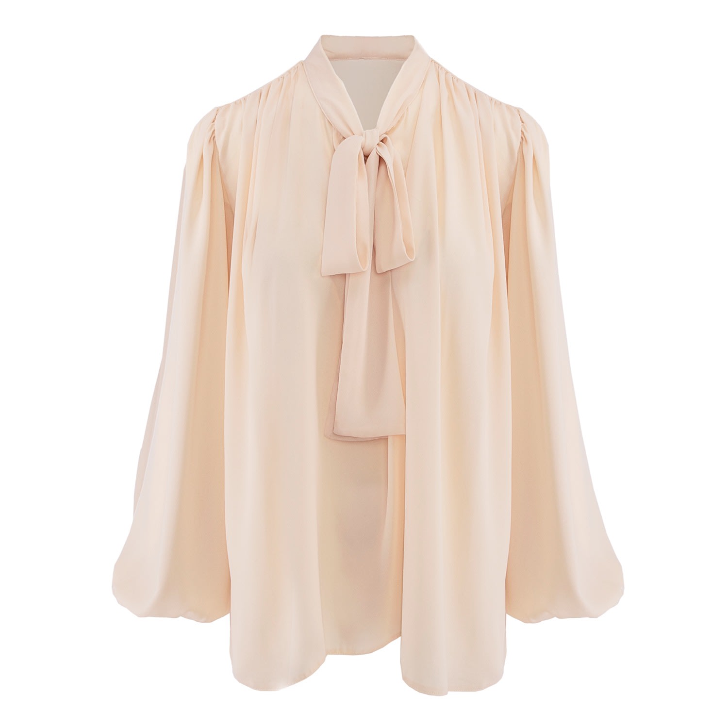 Women’s Neutrals Nude Chiffon Blouse With Draped Shoulders & Bow Ribbon Medium Bluzat