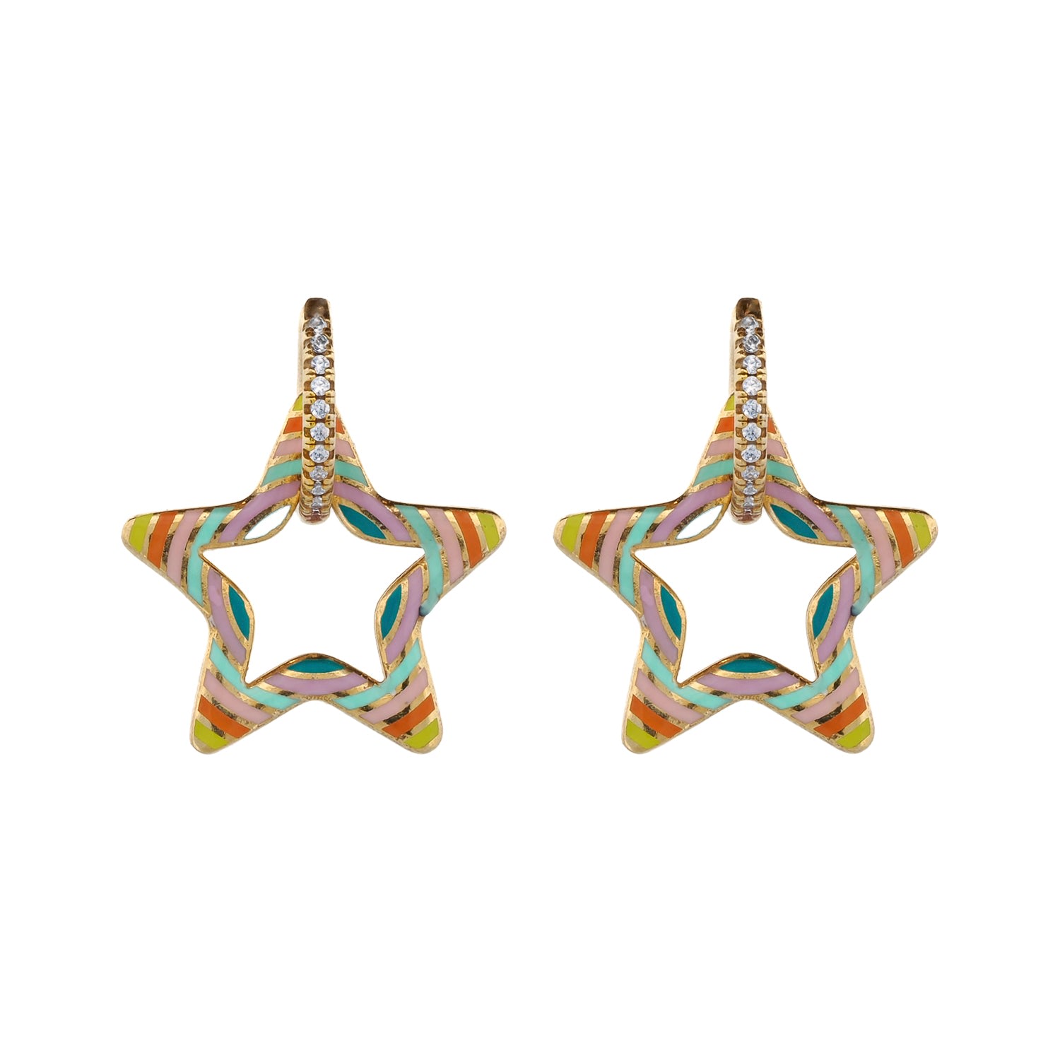 Women’s Pastel Colors Star Diamond Hoop Gold Earrings - Gold Ebru Jewelry