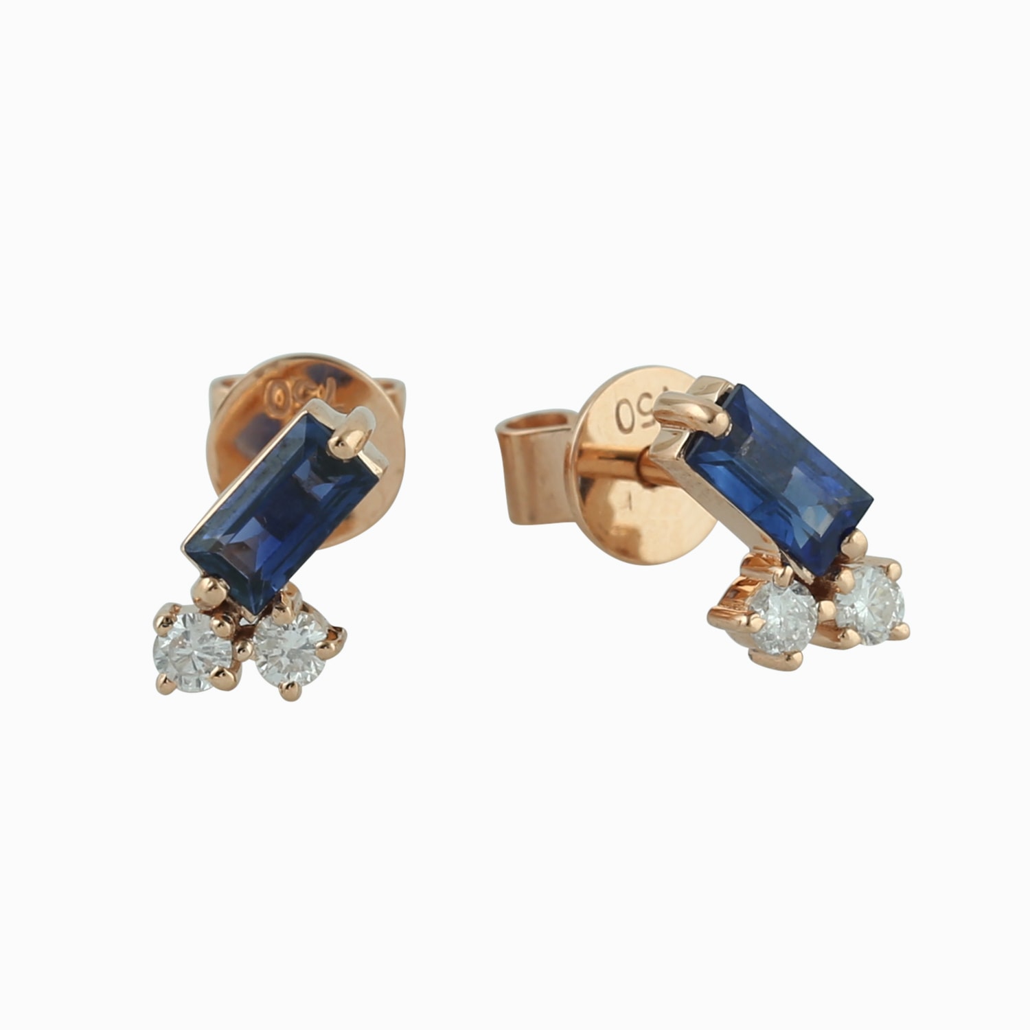 Women’s Blue / White Natural Sapphire Minimal Stud Earrings 18K Rose Gold Diamond Artisan