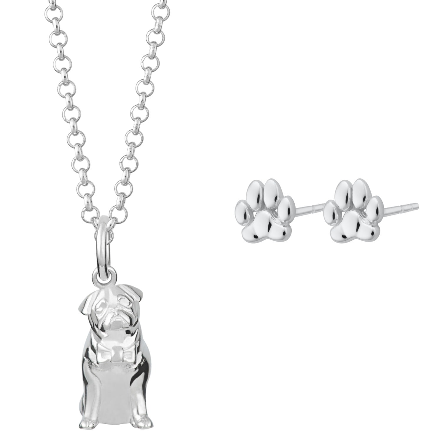 Women’s Sterling Silver Pug Necklace & Paw Stud Jewellery Set Lily Charmed