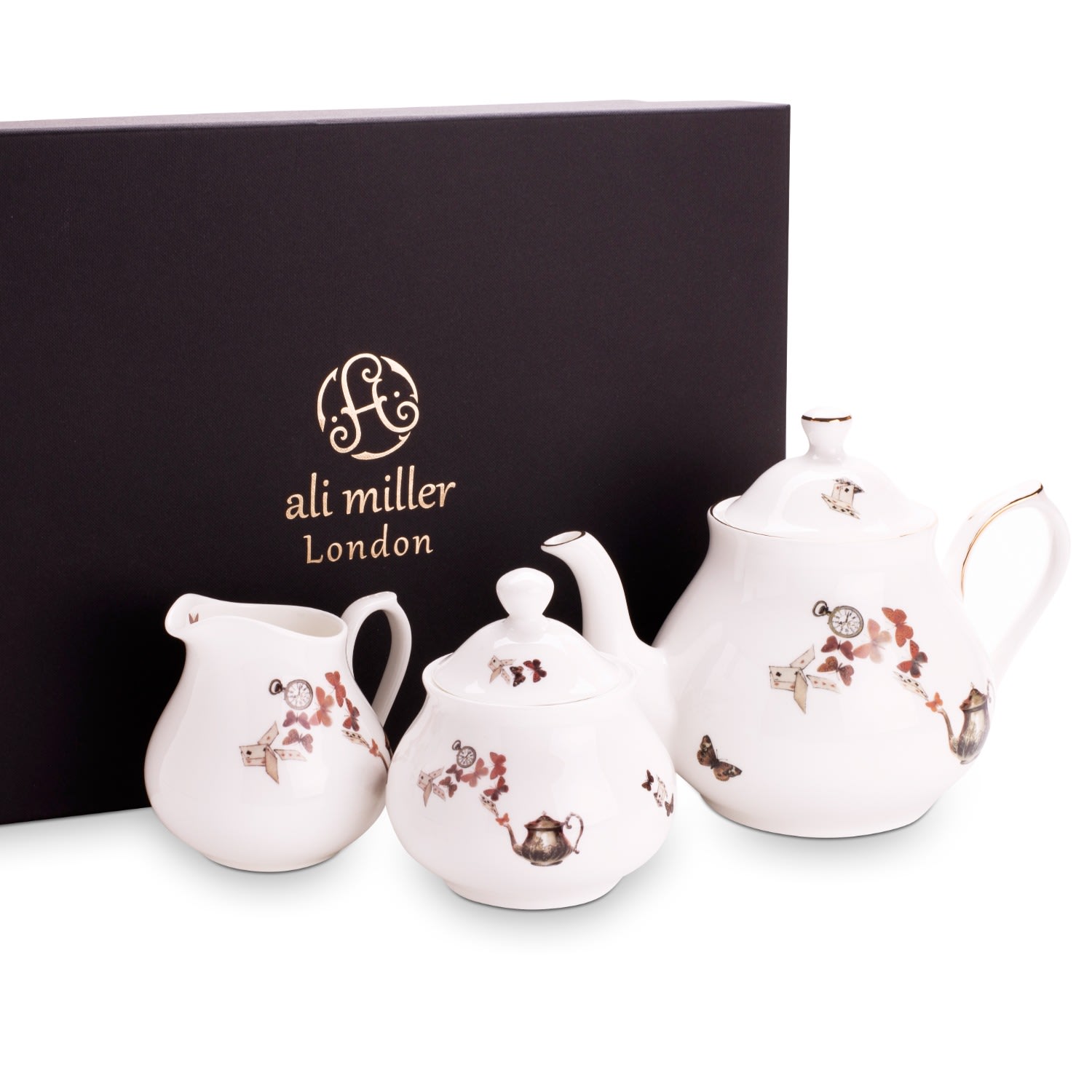 Black Alice Teapot, Milk Jug & Sugar Pot Gift Set Ali Miller London