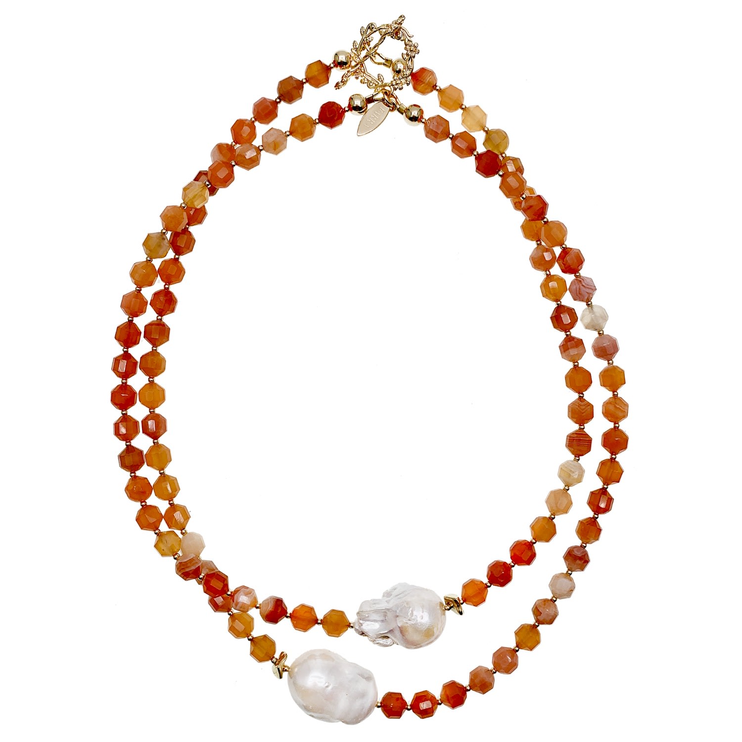Women’s White / Red Orange Agate With Baroque Pearls Double Strands Necklace Farra