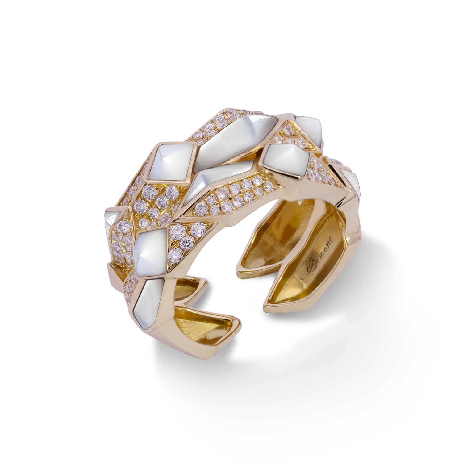 Women’s White / Rose Gold Edgy Double Unisex Ring In Solid Rose Gold, Diamonds, And White Mother-Of-Pearl Simone Jewels