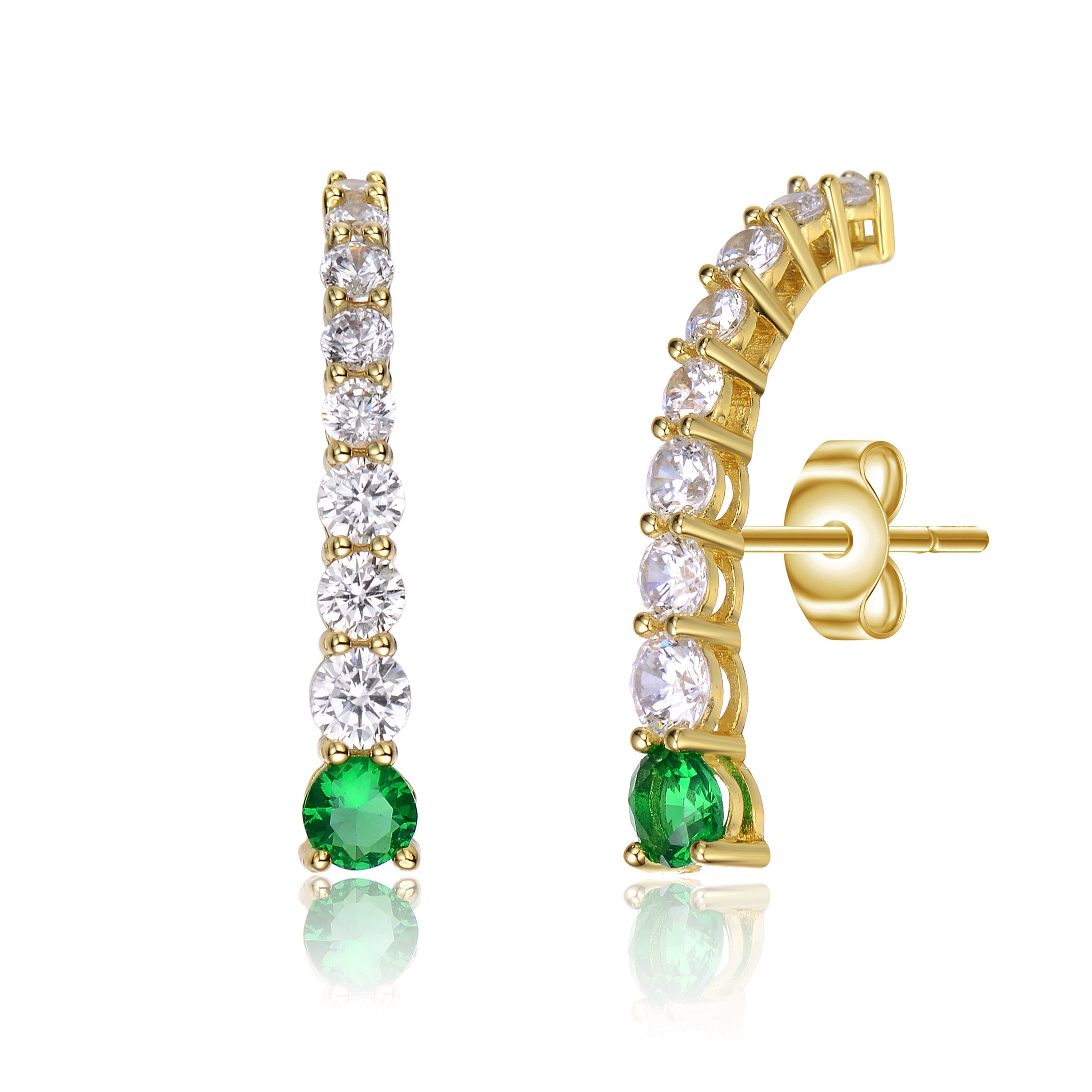 Women’s White / Gold / Green Sterling Silver Cubic Zirconia Curved Journey Earrings Genevive Jewelry