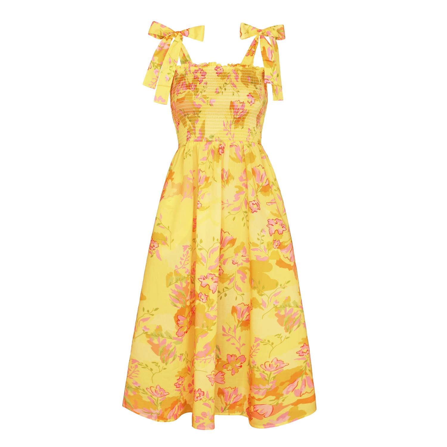Women’s Yellow / Orange Landscape Sleeveless Smocked Midi Dress Extra Small Jessie Zhao New York