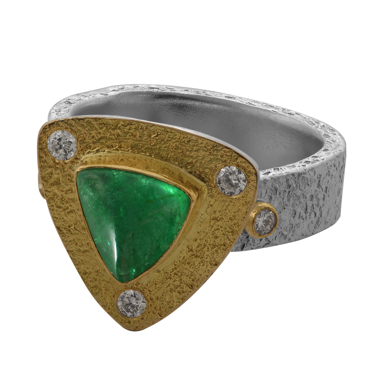 Women’s Gold / Silver / Green Cabochon Emerald Diamond Triangle Ring Emma Chapman Jewels