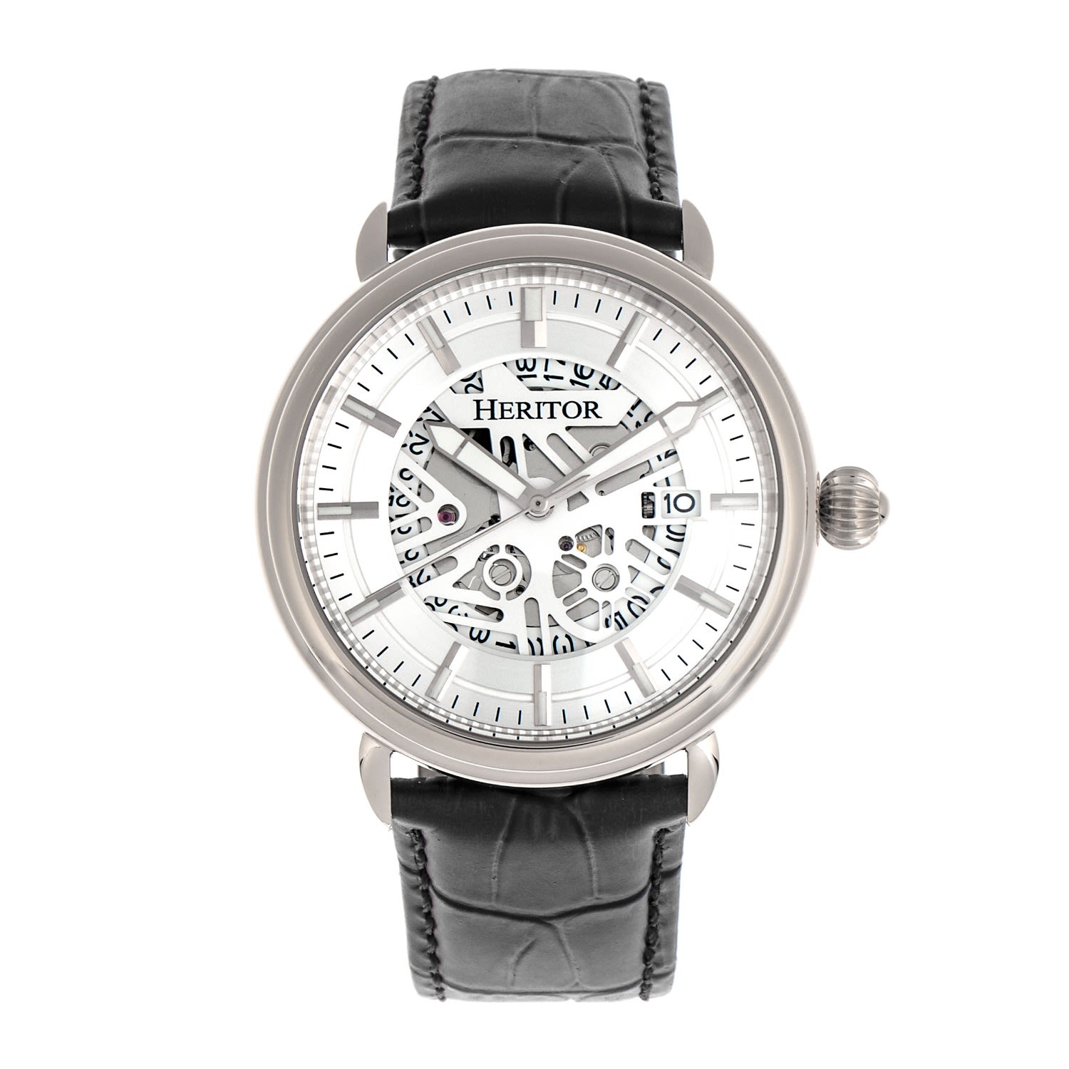 Men’s Mattias Semi-Skeleton Leather-Band Watch With Date - Silver One Size Heritor Automatic
