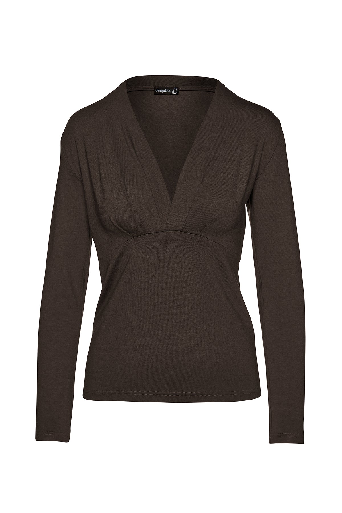 Women’s Brown Long Sleeve Faux Wrap Top In Stretch Jersey Sustainable Fabric Large Conquista