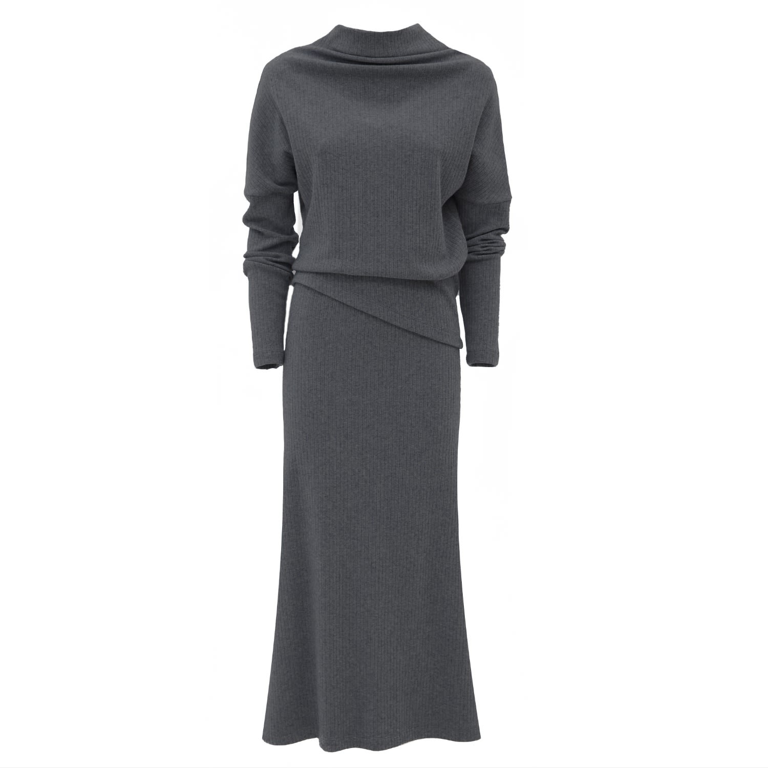 Rib Knit Suit Asymmetric Blouse & Basic Skirt Dark Grey Large Julia Allert