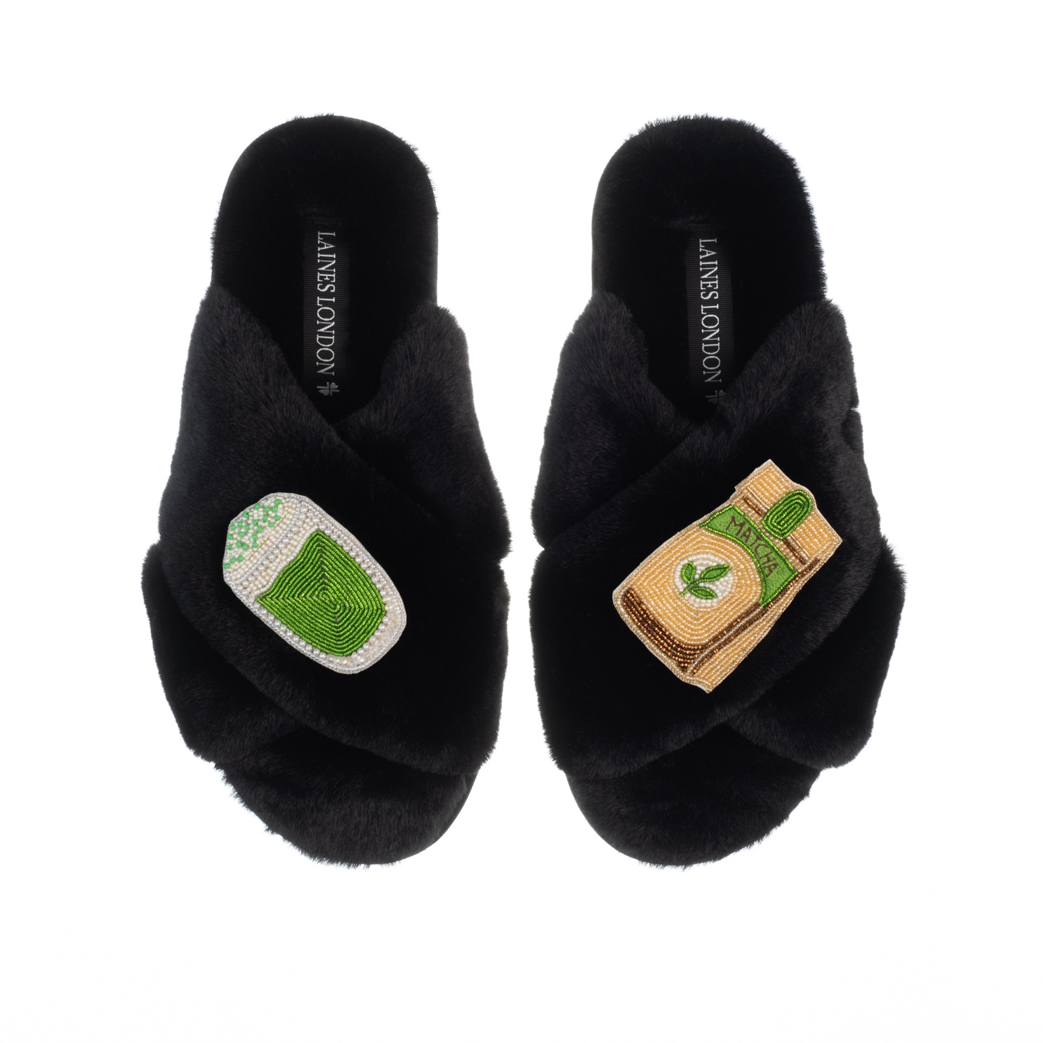 Women’s Classic Laines Slippers With Matcha Tea Brooches - Black Small Laines London